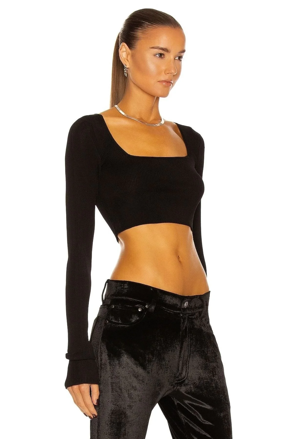 Kadın Siyah Çift Katlı Sandy Kumaş Kare Yaka Uzun Kol Crop Bluz