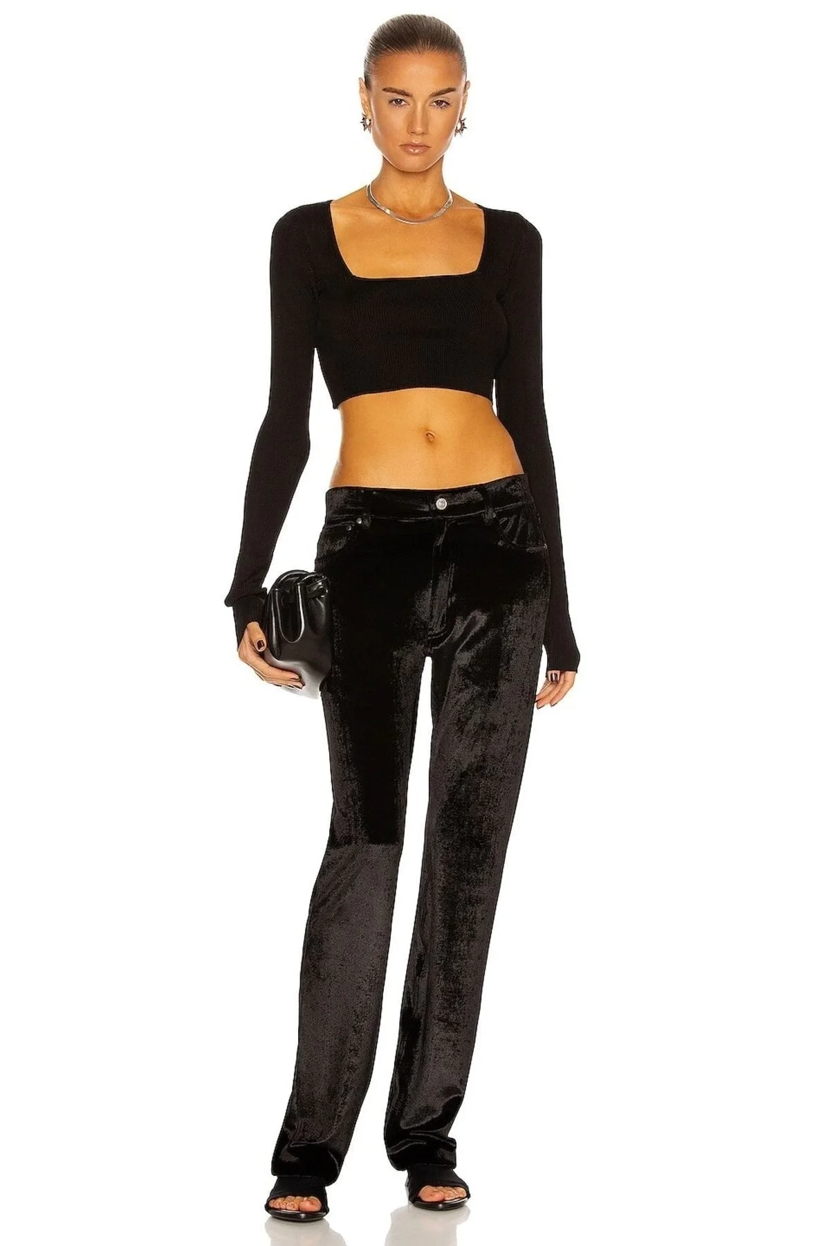 Kadın Siyah Çift Katlı Sandy Kumaş Kare Yaka Uzun Kol Crop Bluz