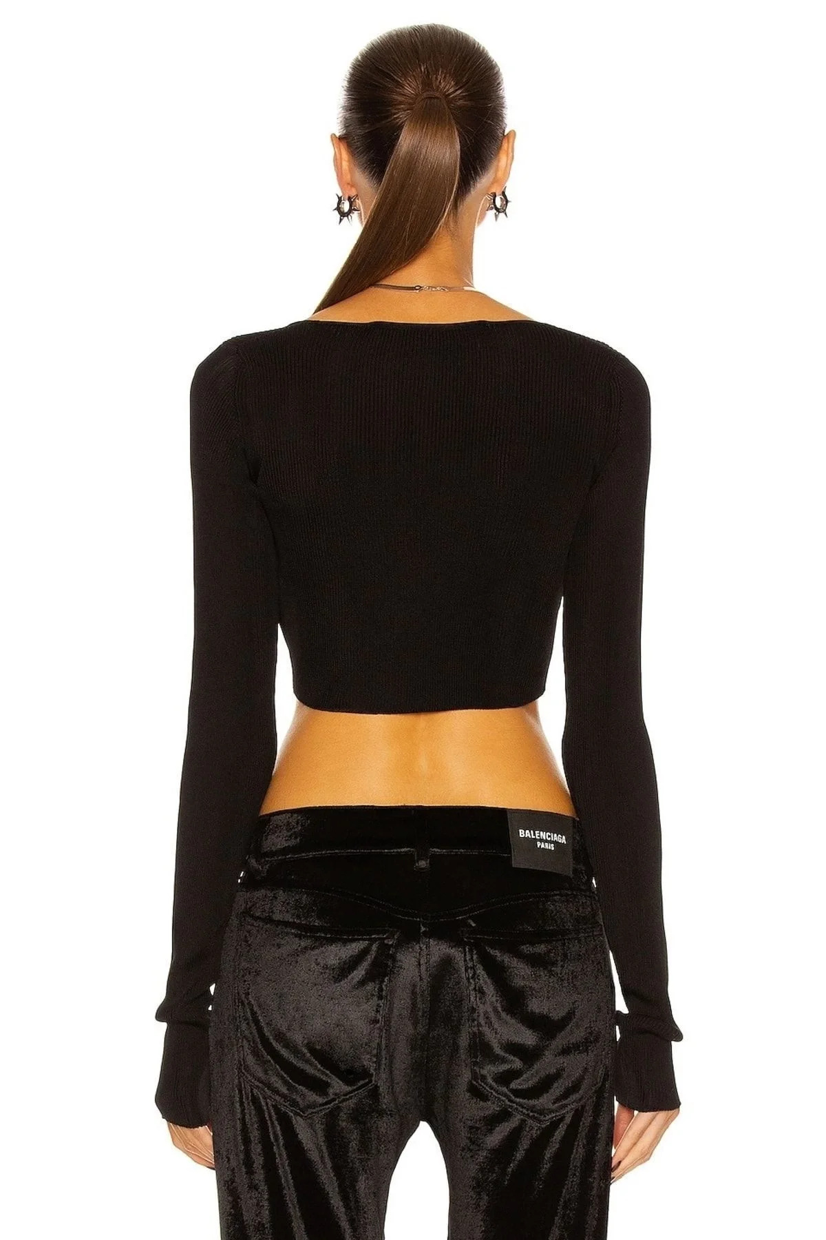 Kadın Siyah Çift Katlı Sandy Kumaş Kare Yaka Uzun Kol Crop Bluz