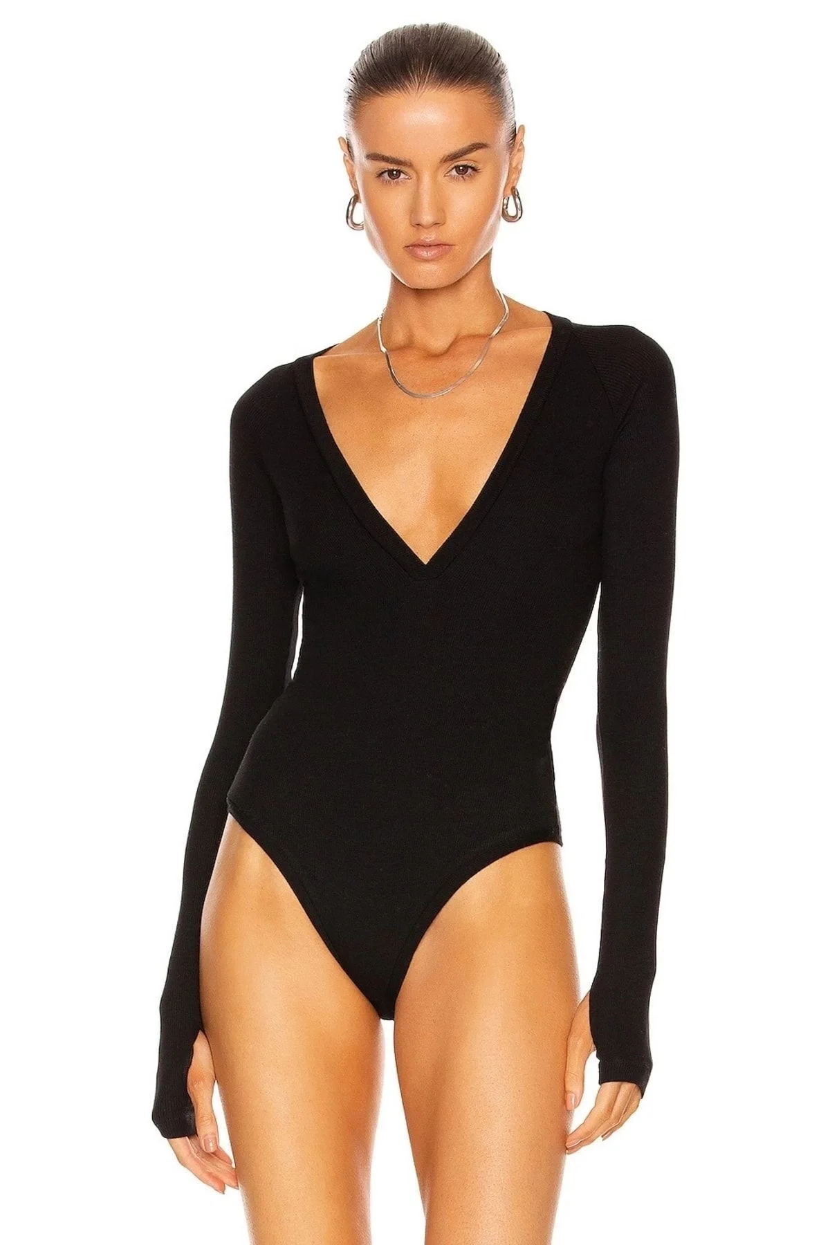 Kadın Siyah V Yaka Uzun Kollu Sandy Kumaş El Geçirmeli Tanga Bodysuit