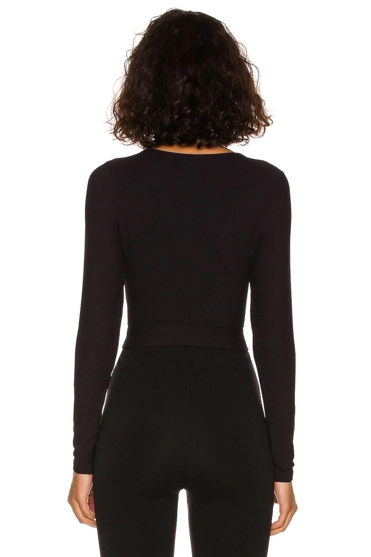 Kadın Siyah Çift Katlı Sandy Kumaş Bisiklet Yaka Pencere Detaylı Uzun Kol Crop Bluz