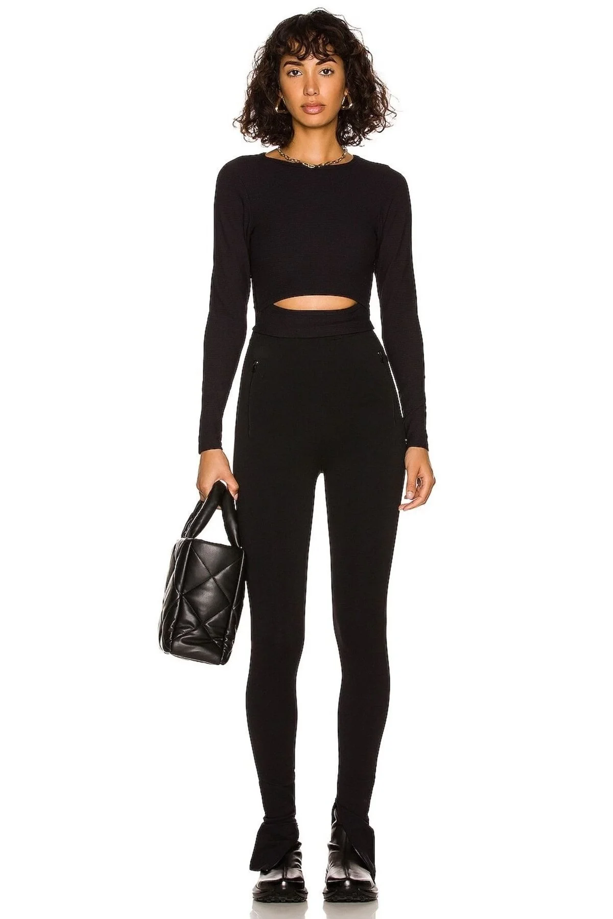 Kadın Siyah Çift Katlı Sandy Kumaş Bisiklet Yaka Pencere Detaylı Uzun Kol Crop Bluz