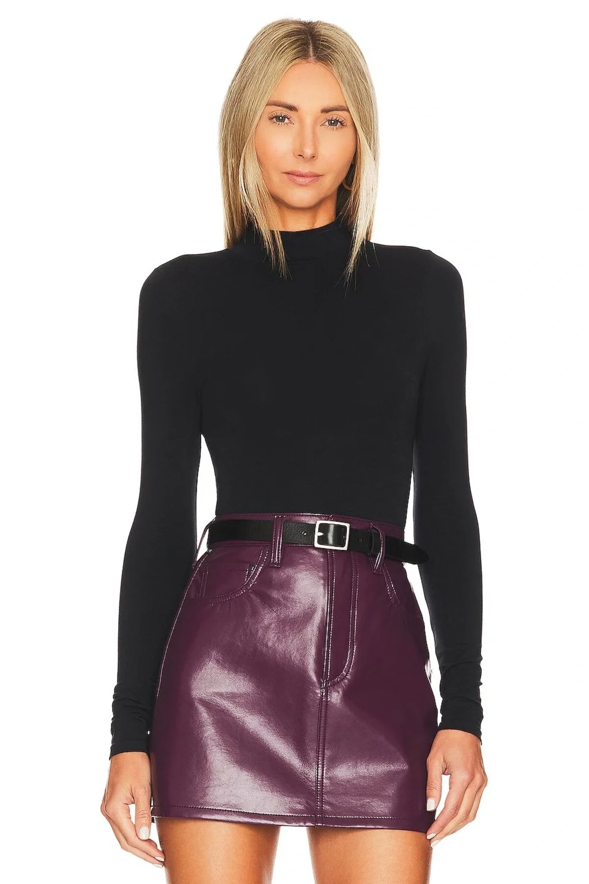 Kadın Siyah Çift Katlı Sandy Yarım Balıkçı Yaka Uzun Kol Çıtçıtlı Tanga Bodysuit