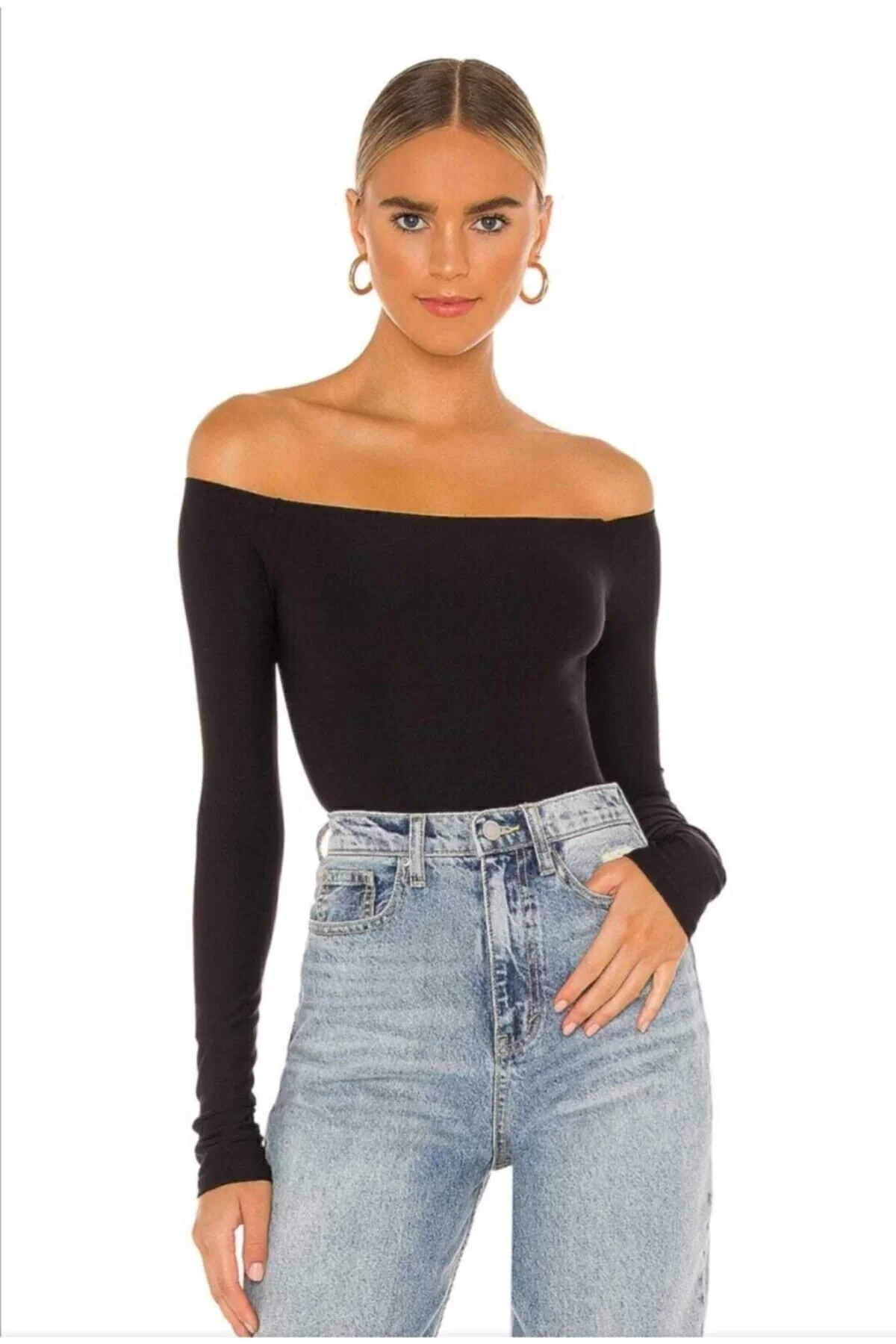 Kadın Siyah Çift Katlı Sandy Kumaş Madonna Yaka Uzun Kol Çıtçıtlı Tanga Bodysuit
