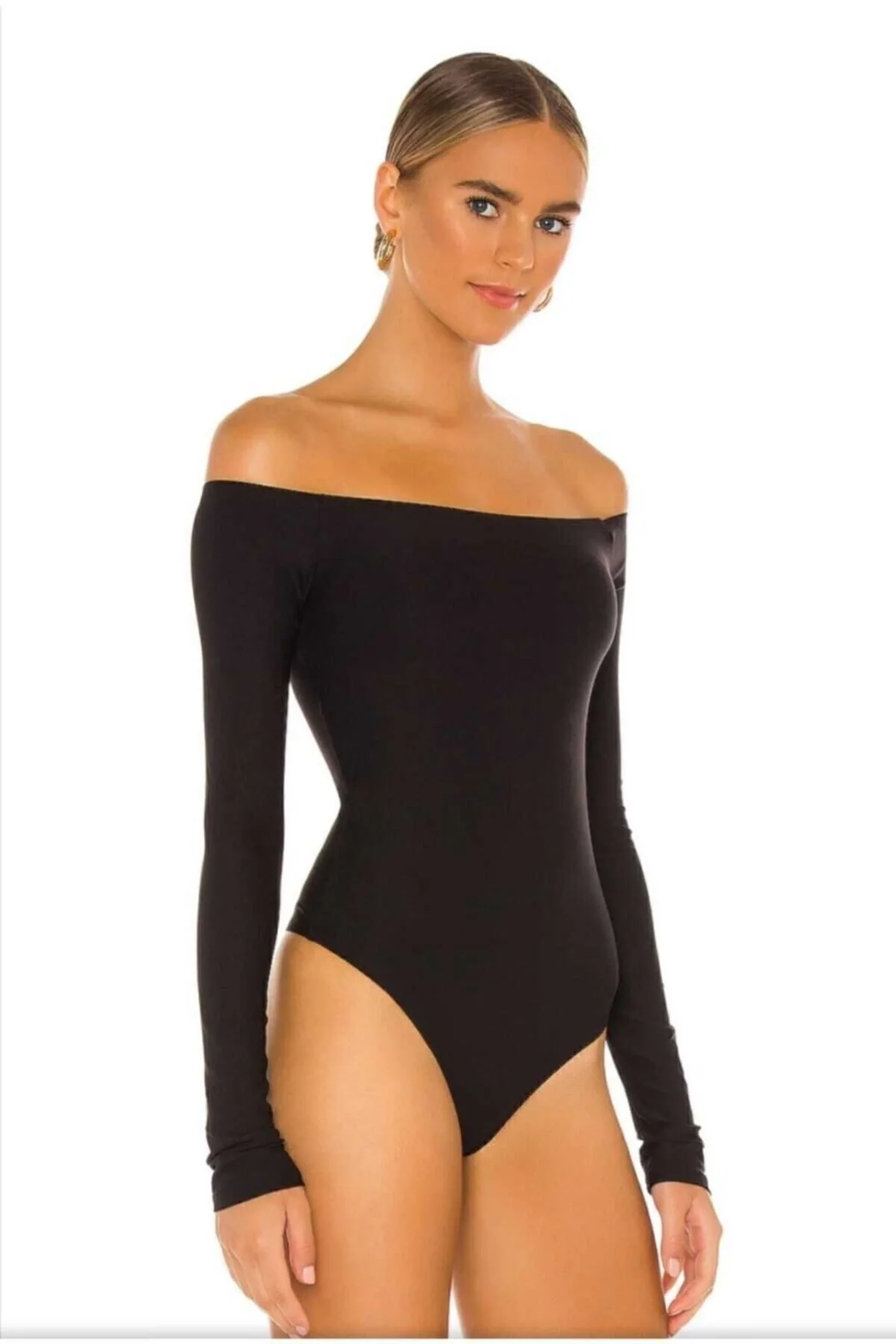 Kadın Siyah Çift Katlı Sandy Kumaş Madonna Yaka Uzun Kol Çıtçıtlı Tanga Bodysuit