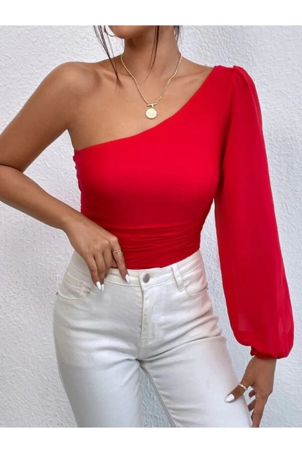 Kadın Tek Kol Kırmızı Ipek Jarse Bodysuit