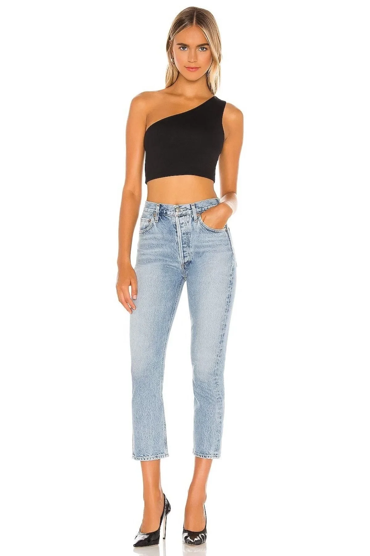 Kadın Tek Omuz Sıfır Kol Ipek Jarse Crop Top