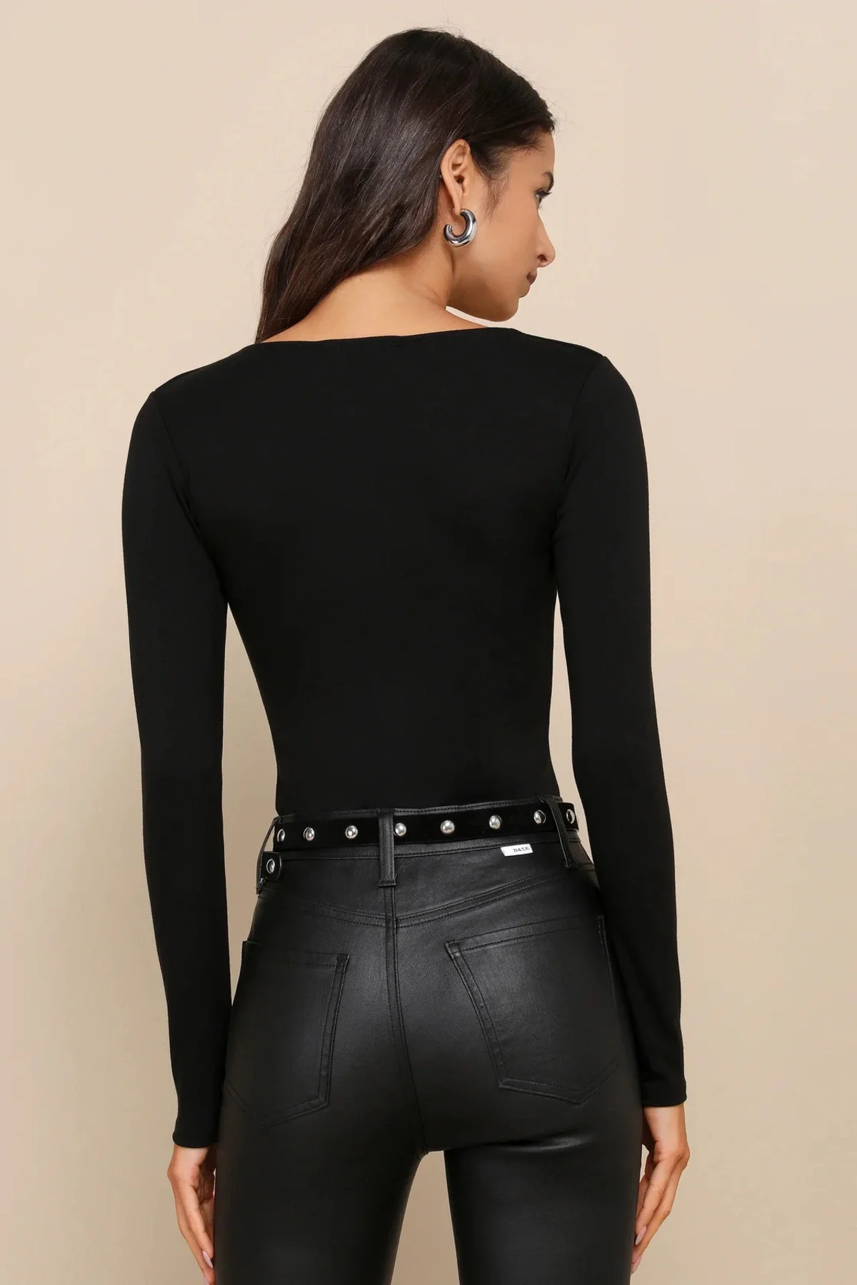 Kadın Siyah Çift Katlı Sandy Kumaş Asimetrik Yaka Uzun Kol Çıtçıtlı Tanga Bodysuit