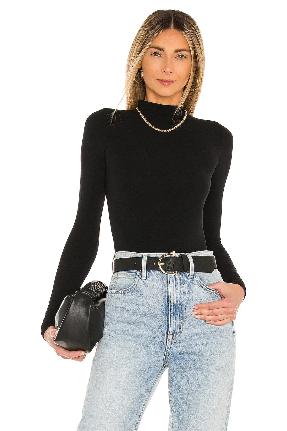 Kadın Siyah Balıkçı Yaka Uzun Kollu Çift Katlı Sandy Kumaş Tanga Bodysuit