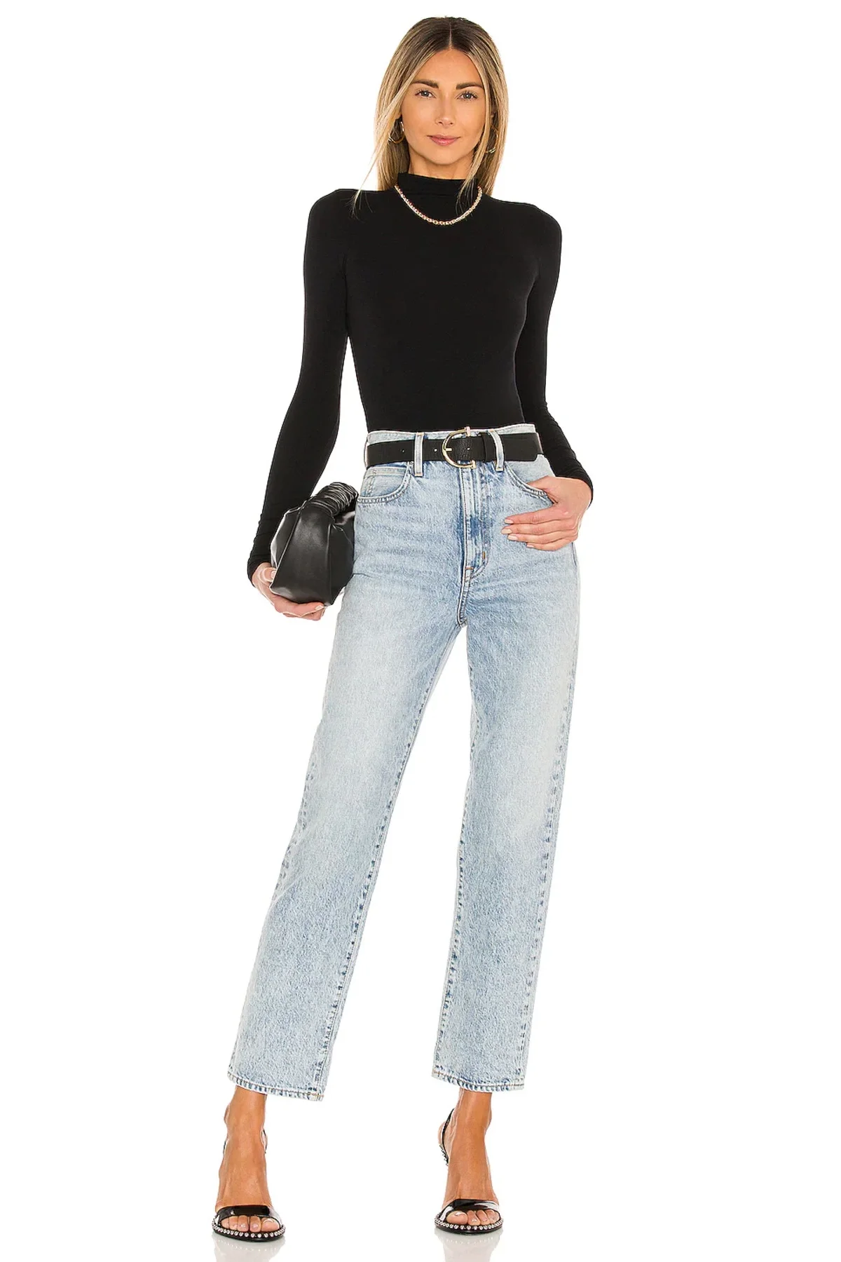 Kadın Siyah Balıkçı Yaka Uzun Kollu Çift Katlı Sandy Kumaş Tanga Bodysuit