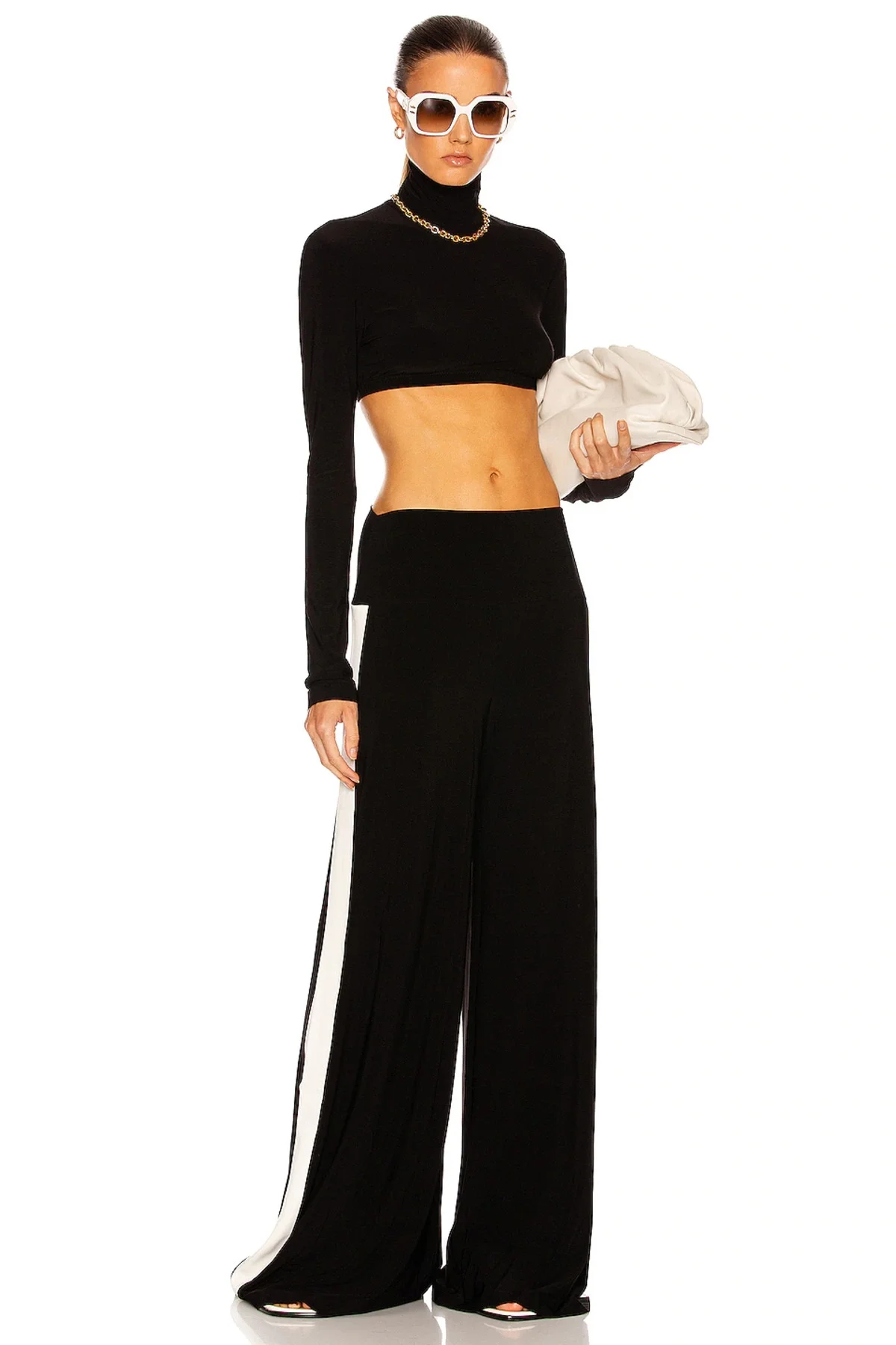 Kadın Siyah Balıkçı Yaka Uzun Kollu Çift Katlı Sandy Kumaş Crop Bluz