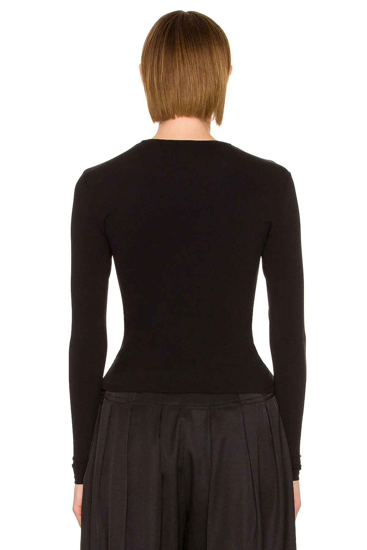 Kadın Siyah Bisiklet Yaka Uzun Kollu Çift Katlı Sandy Kumaş Basic Bluz