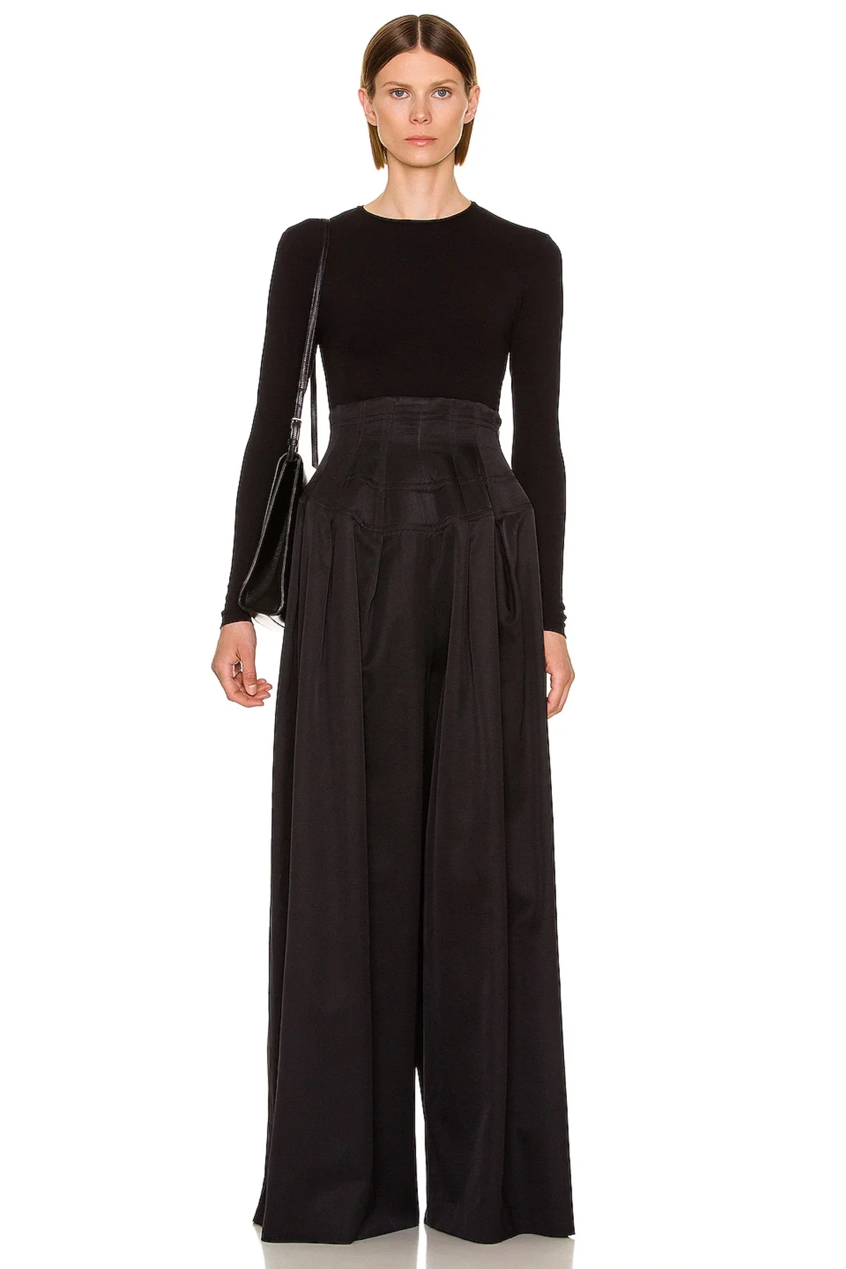 Kadın Siyah Bisiklet Yaka Uzun Kollu Çift Katlı Sandy Kumaş Basic Bluz