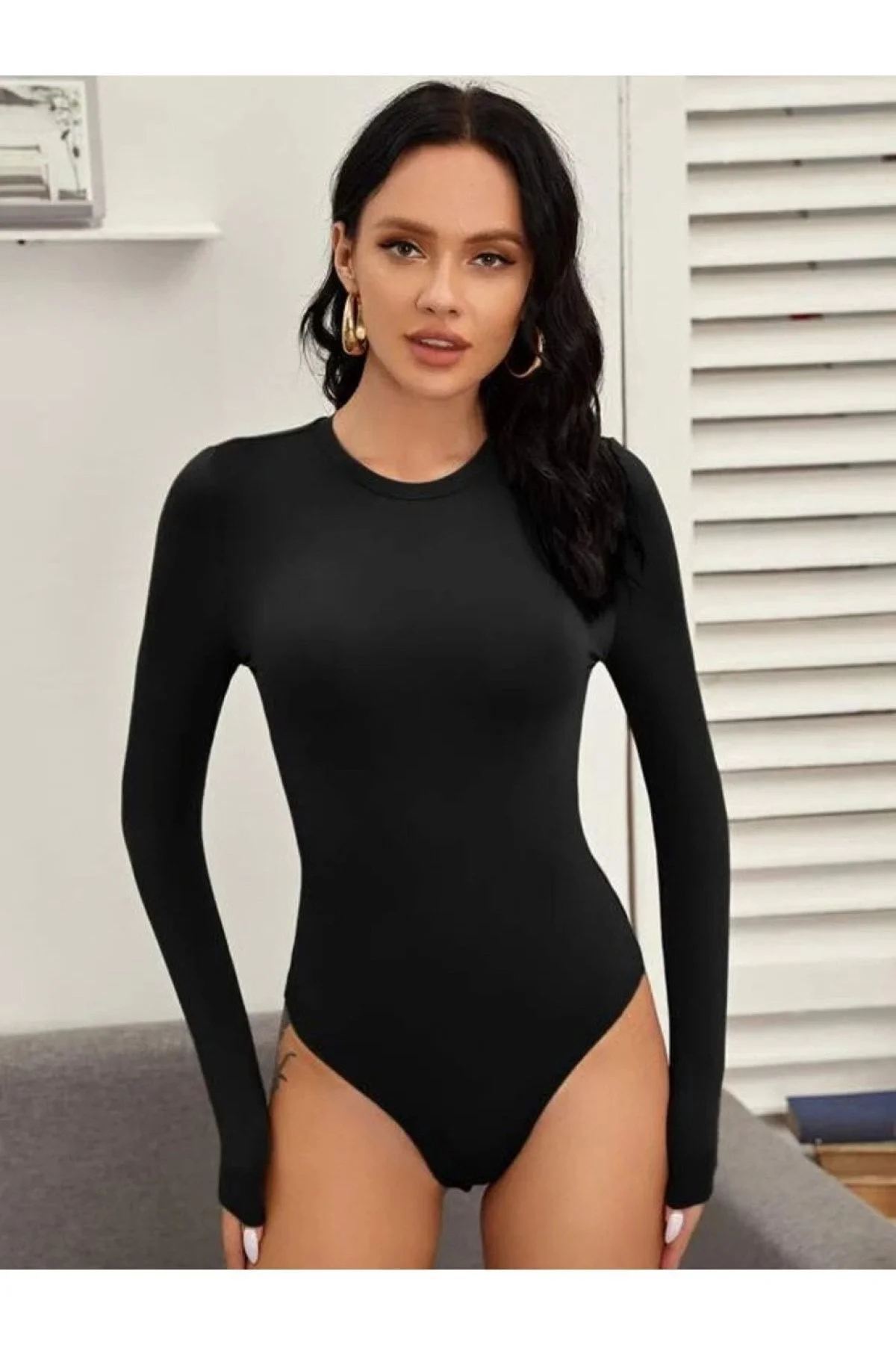 Kadın Siyah Bisiklet Yaka Uzun Kollu Çift Katlı Sandy Kumaş Çıtçıtlı Bodysuit