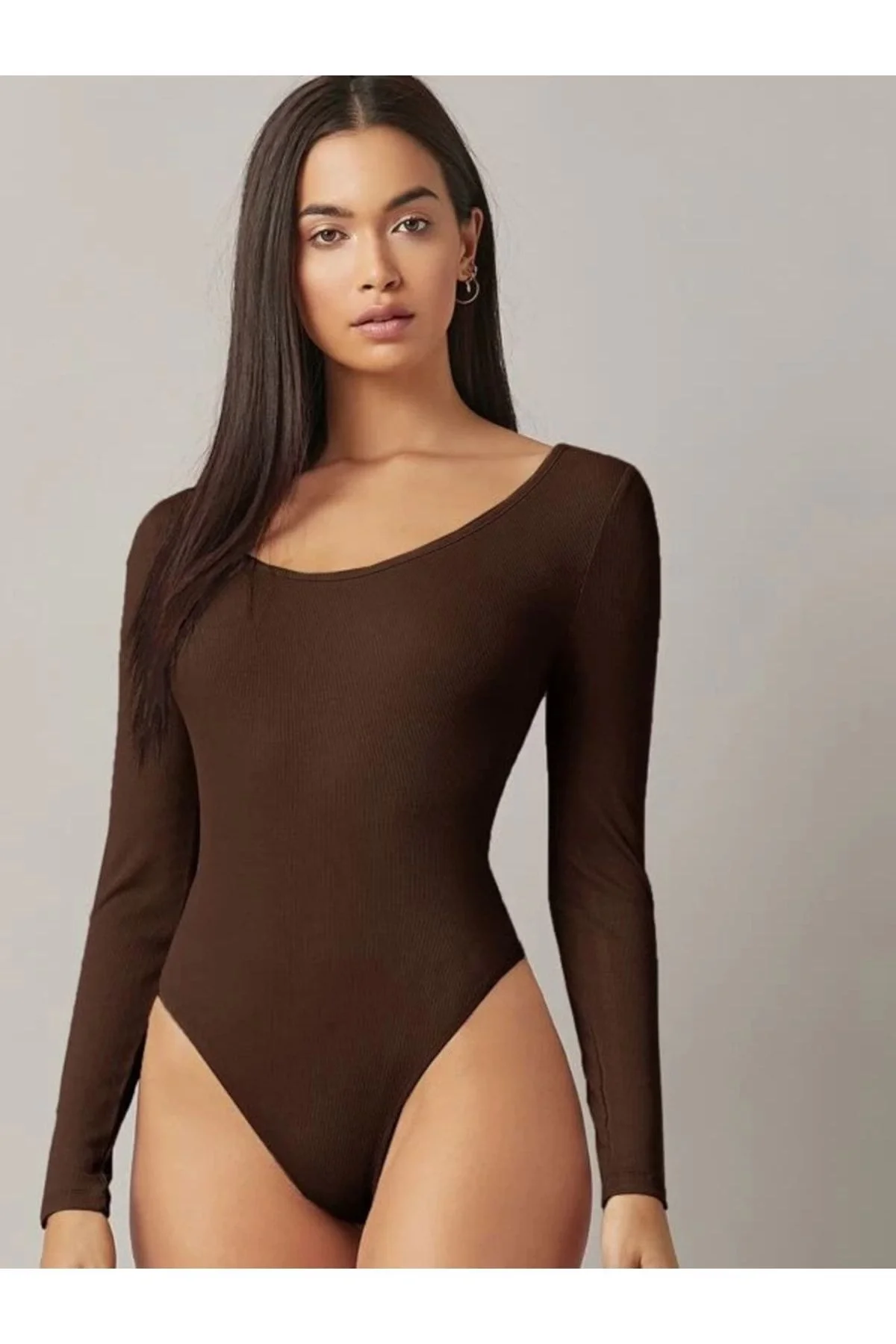 Kadın Kahverengi U Yaka Kolsuz Çift Katlı Sandy Kumaş Çıtçıtlı Bodysuit