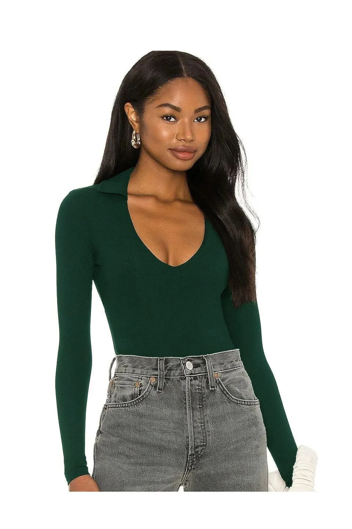 Kadın Yeşil V Yaka Uzun Kollu Çift Katlı Sandy Kumaş Tanga Bodysuit