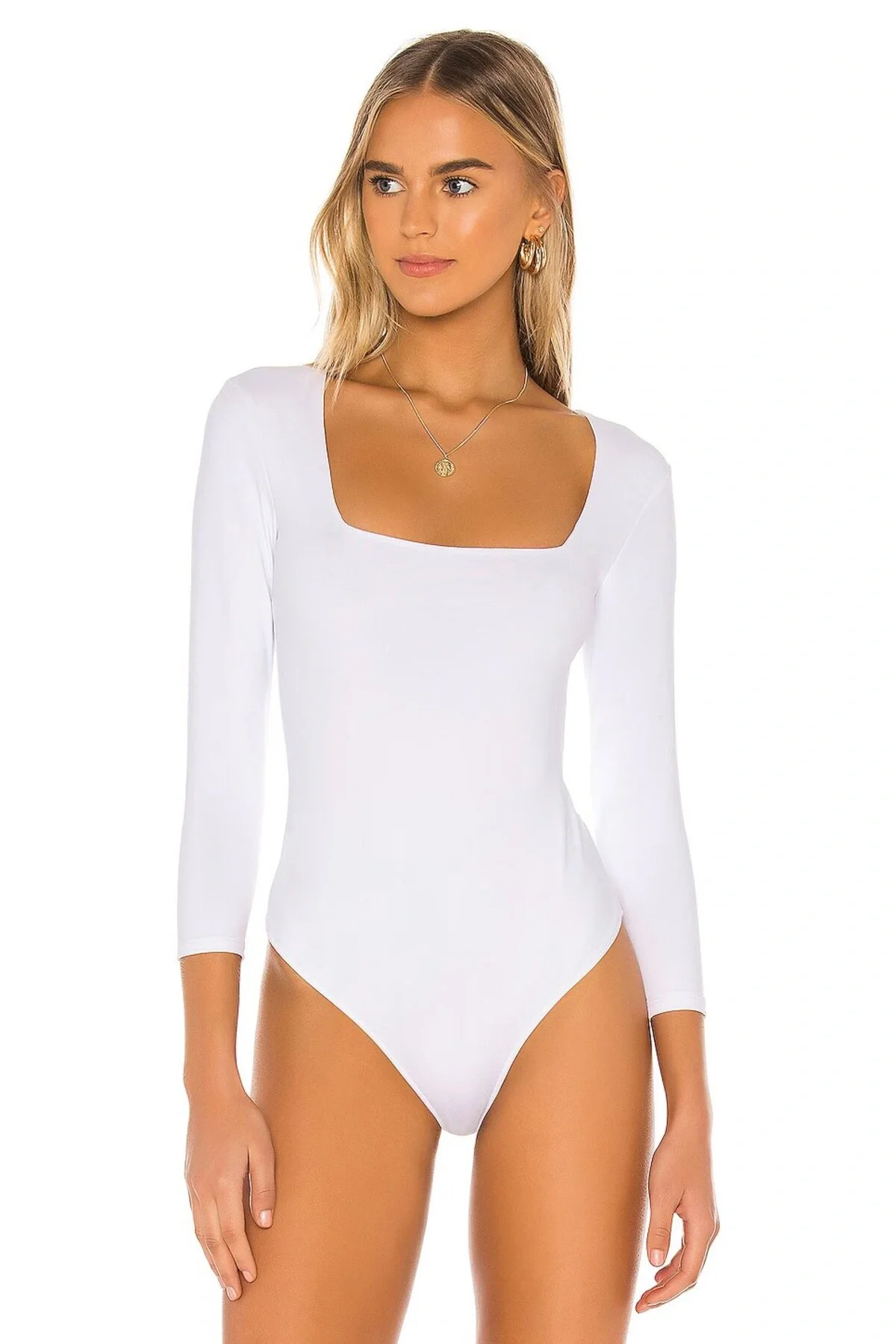 Kadın Beyaz Kare Yaka Uzun Kollu Çift Katlı Tanga Kesim İpek Jarse Bodysuit