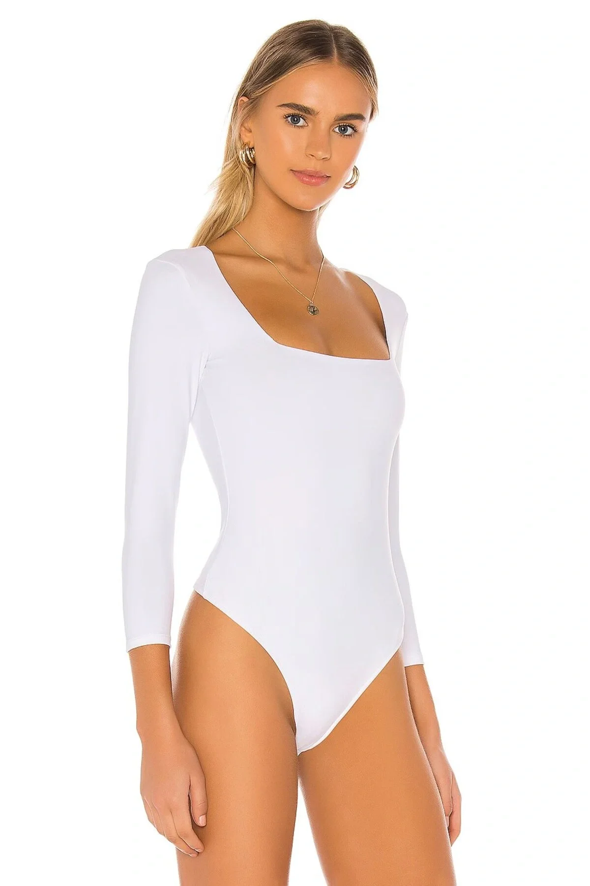 Kadın Beyaz Kare Yaka Uzun Kollu Çift Katlı Tanga Kesim İpek Jarse Bodysuit