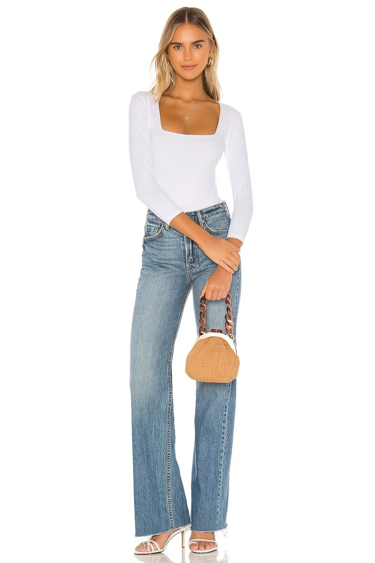 Kadın Beyaz Kare Yaka Uzun Kollu Çift Katlı Tanga Kesim İpek Jarse Bodysuit