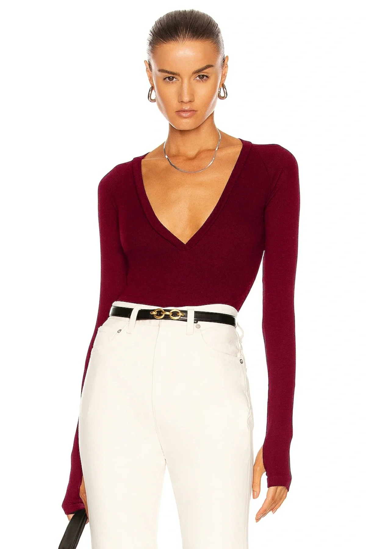 Kadın Bordo V Yaka Uzun Parmak Geçmeli Kollu Çift Katlı Tanga Kesim Bodysuit