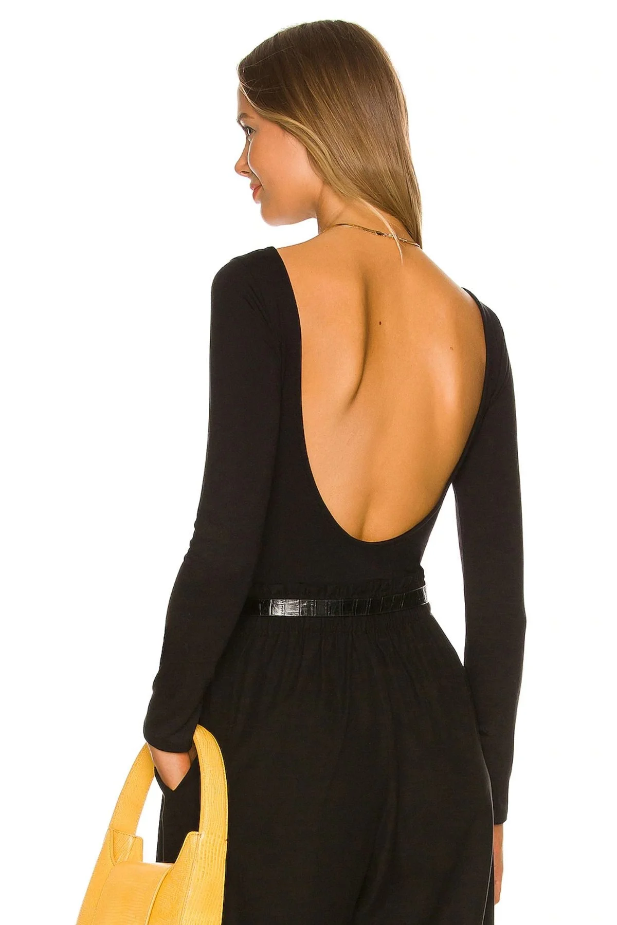 Kadın Siyah Kayık Yaka Sırt Dekolteli Uzun Kollu Tanga Kesim Bodysuit Zıbın