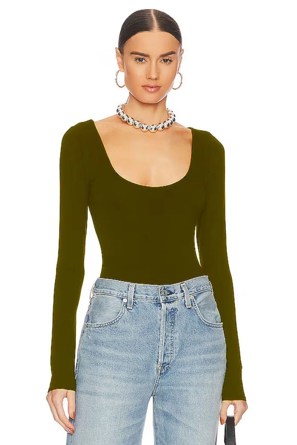 Kadın Kahverengi Geniş U Yaka Uzun Kollu Sandy Kumaş Tanga Kesim Bodysuit Zıbın