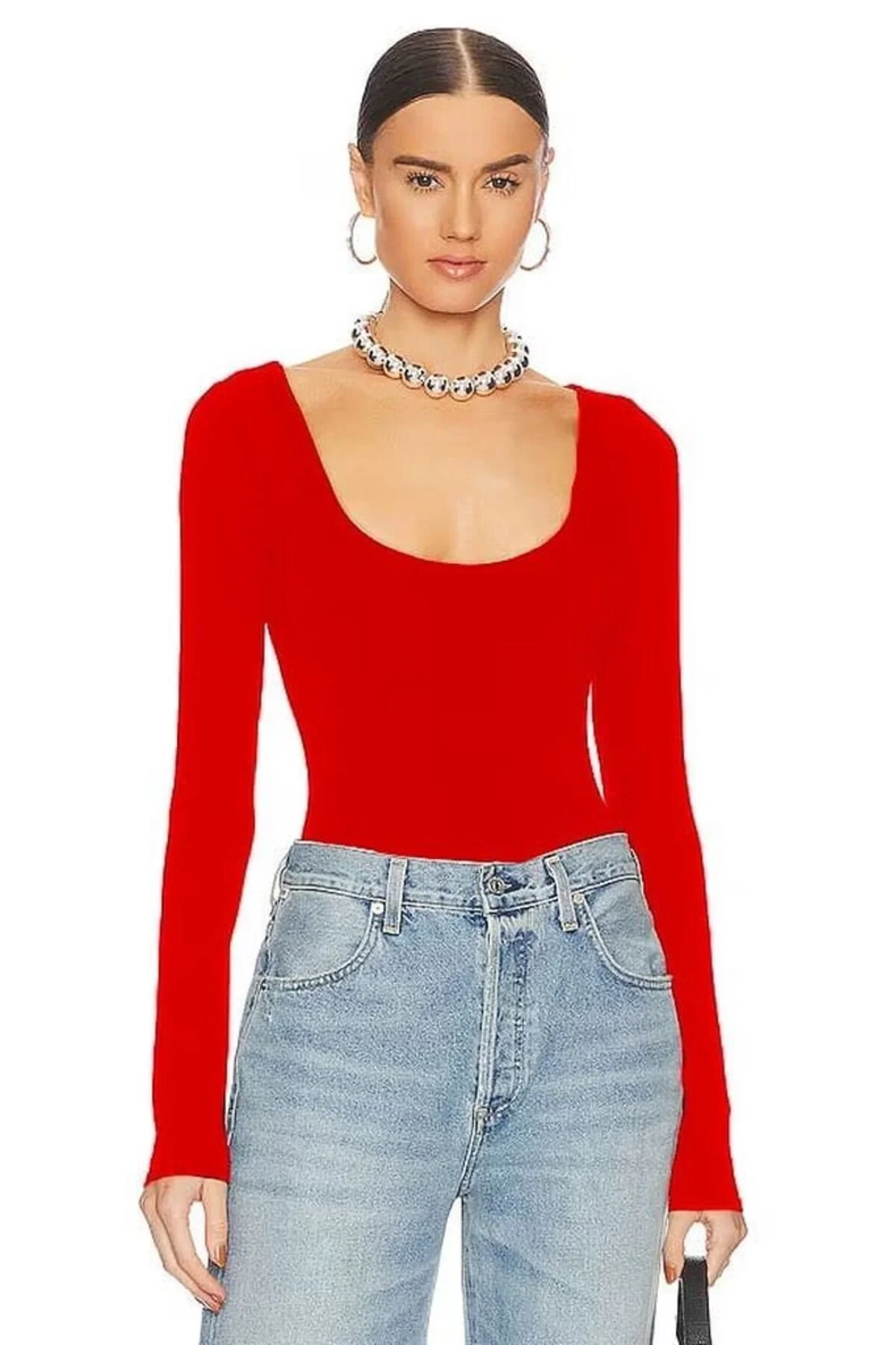 Kadın Kırmızı Geniş U Yaka Uzun Kollu Sandy Kumaş Tanga Kesim Bodysuit Zıbın