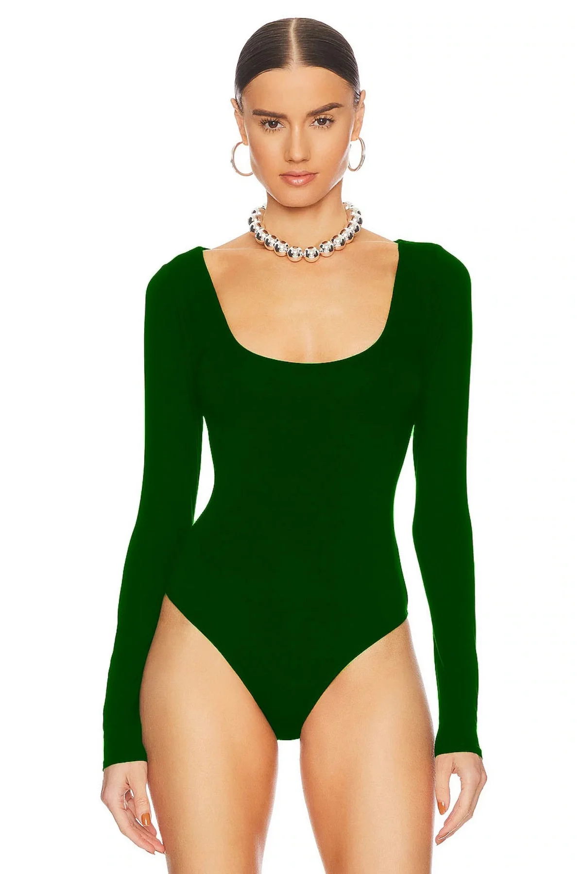 Kadın Yeşil Geniş U Yaka Uzun Kollu Sandy Kumaş Tanga Kesim Bodysuit Zıbın