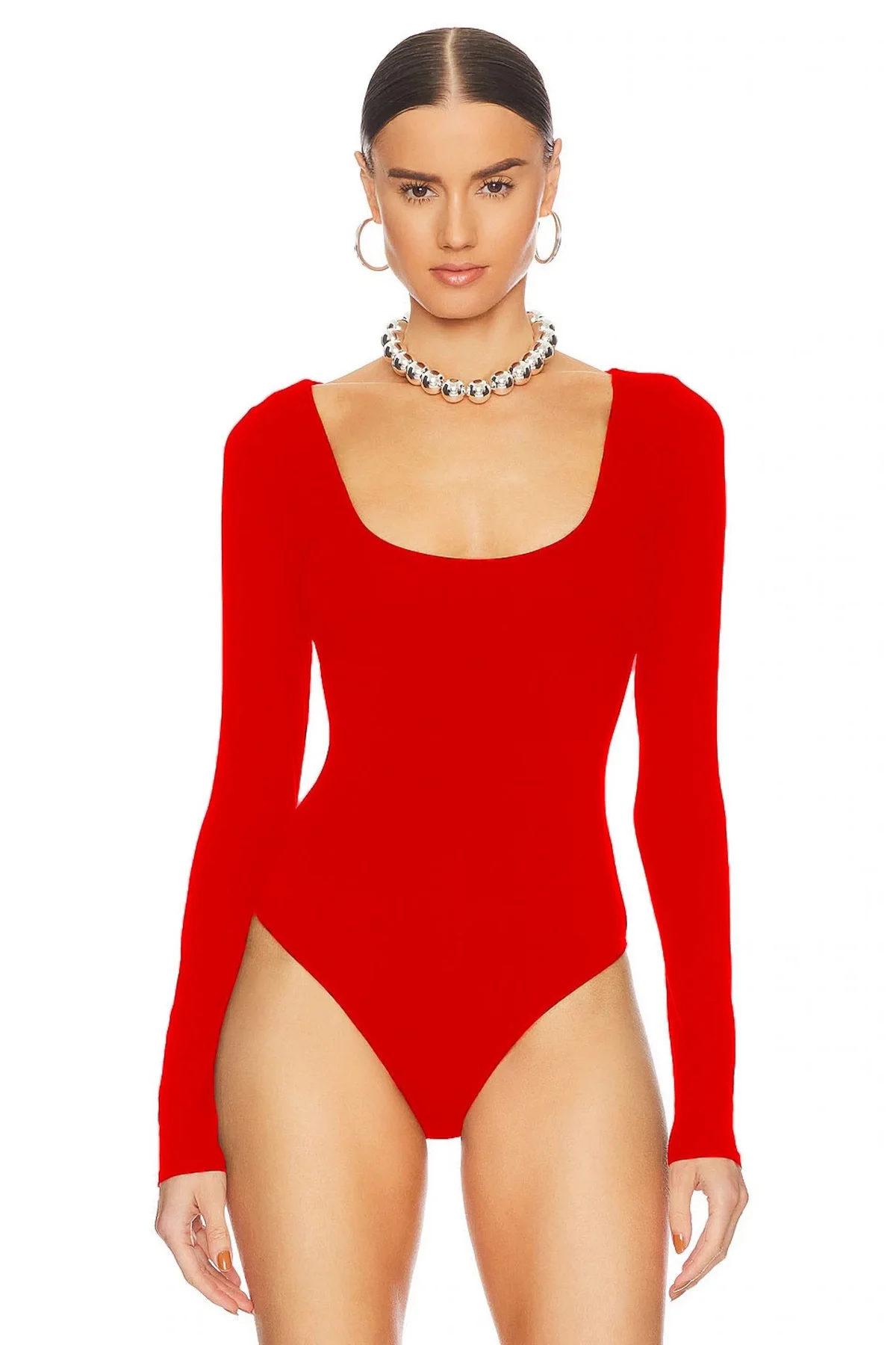 Kadın Kırmızı Geniş U Yaka Uzun Kollu Sandy Kumaş Tanga Kesim Bodysuit Zıbın