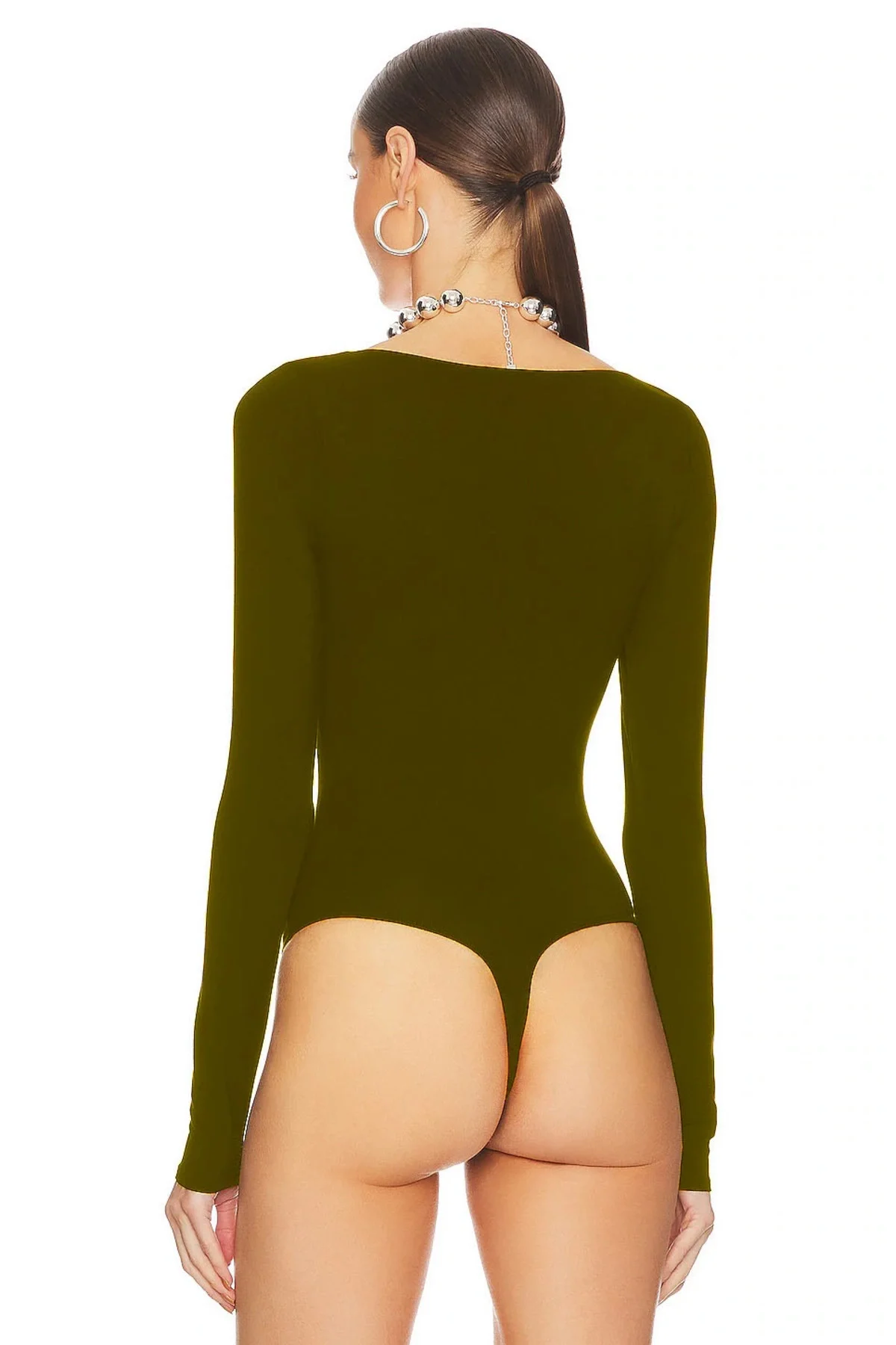 Kadın Kahverengi Geniş U Yaka Uzun Kollu Sandy Kumaş Tanga Kesim Bodysuit Zıbın