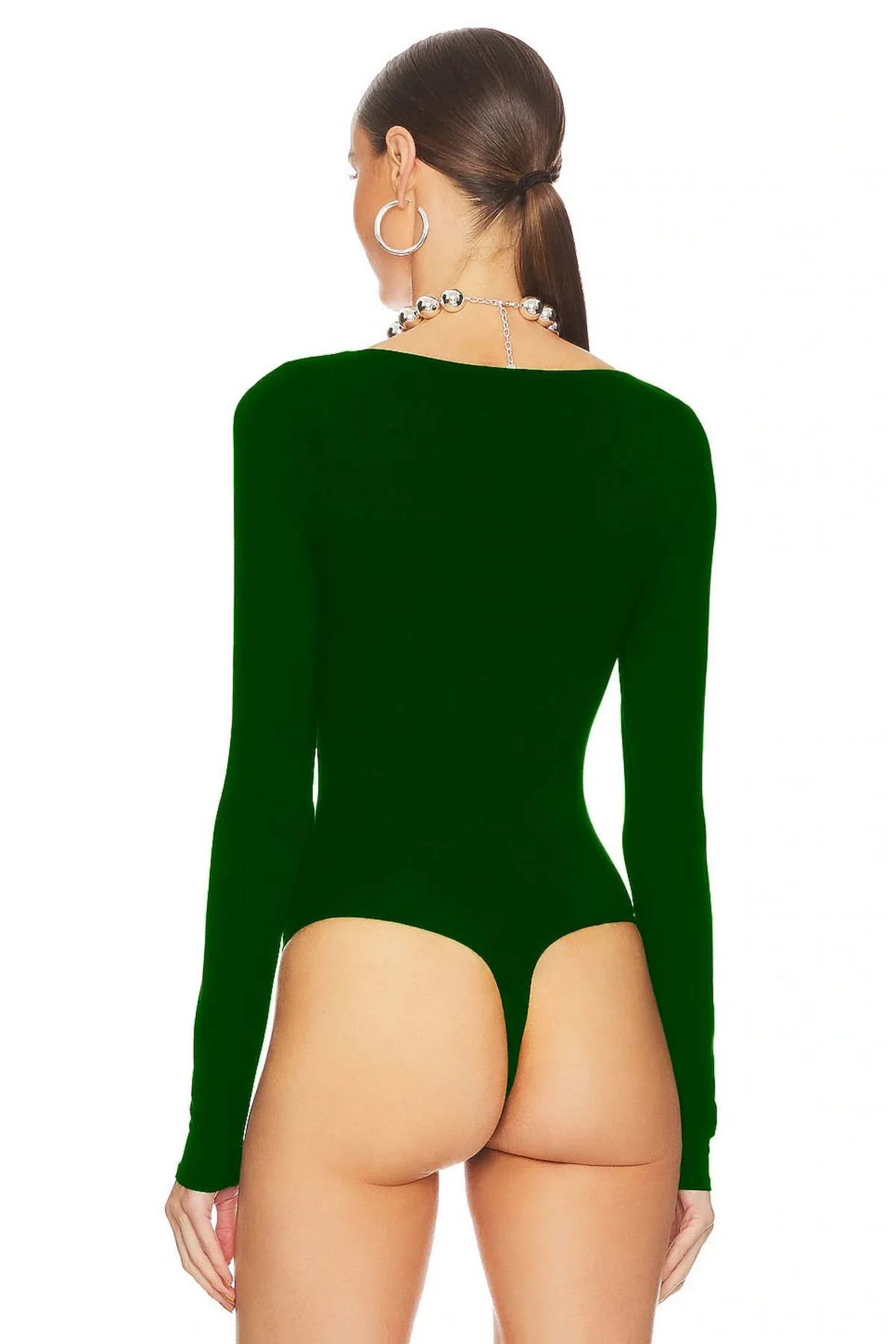 Kadın Yeşil Geniş U Yaka Uzun Kollu Sandy Kumaş Tanga Kesim Bodysuit Zıbın