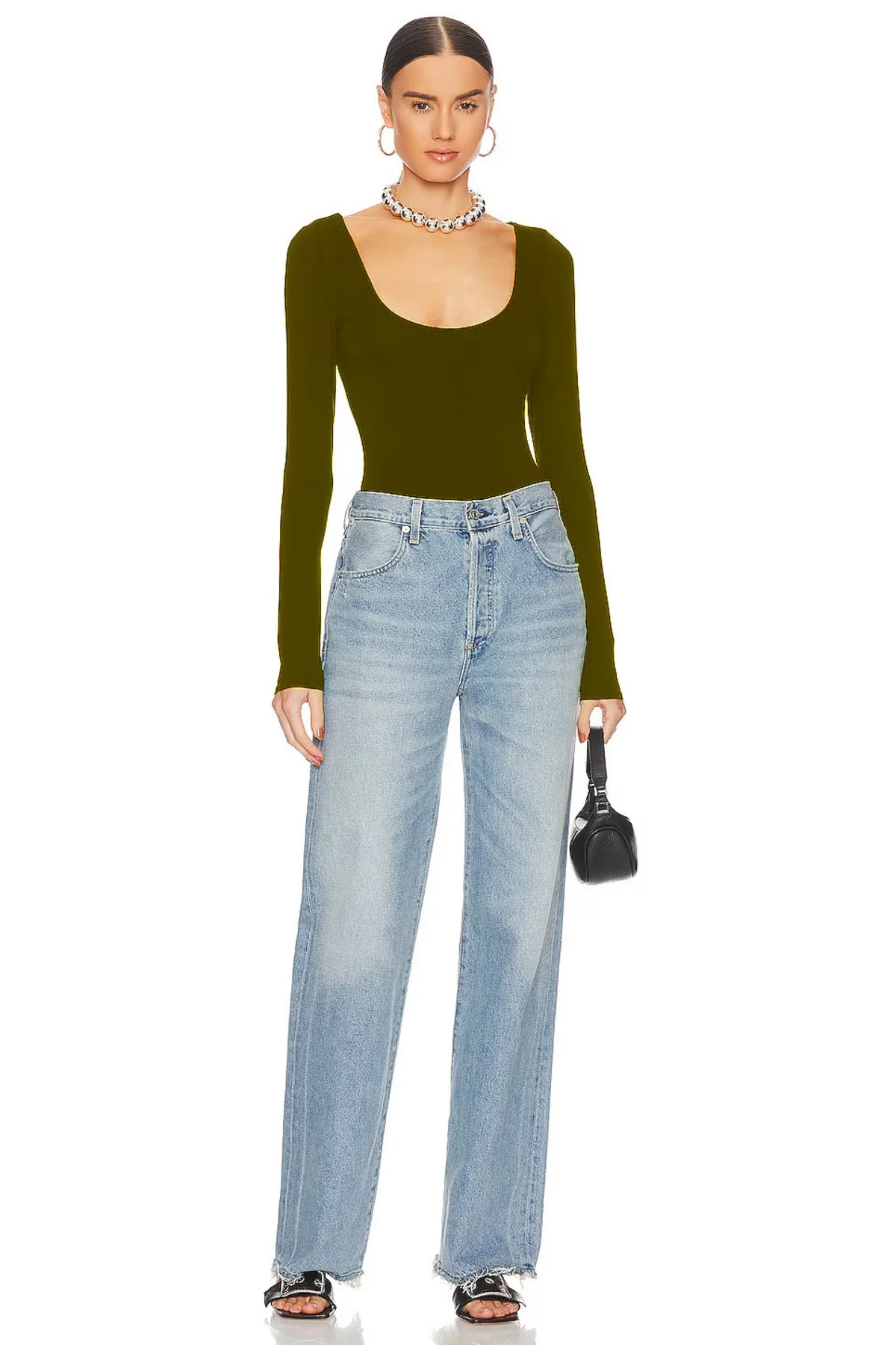 Kadın Kahverengi Geniş U Yaka Uzun Kollu Sandy Kumaş Tanga Kesim Bodysuit Zıbın