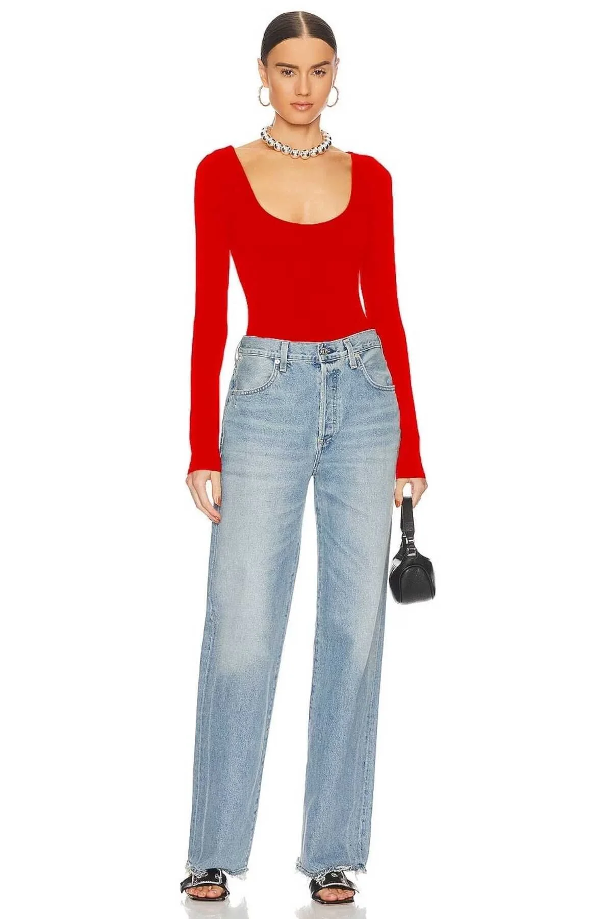 Kadın Kırmızı Geniş U Yaka Uzun Kollu Sandy Kumaş Tanga Kesim Bodysuit Zıbın