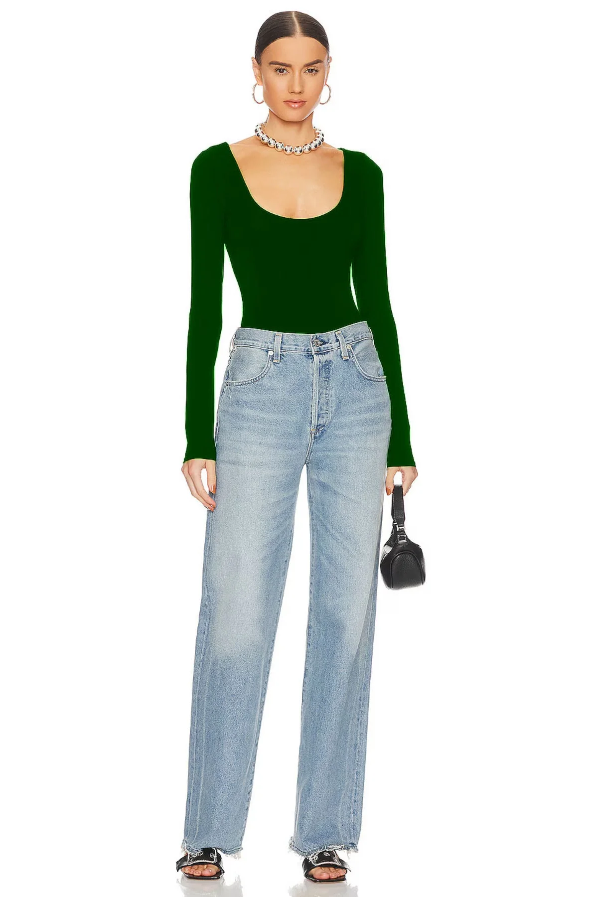 Kadın Yeşil Geniş U Yaka Uzun Kollu Sandy Kumaş Tanga Kesim Bodysuit Zıbın