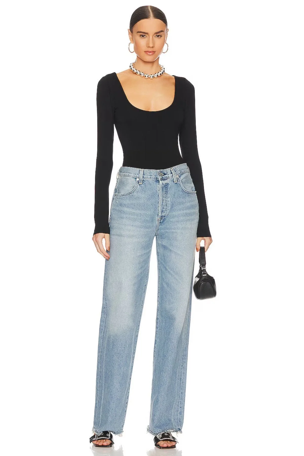 Kadın Siyah Geniş U Yaka Uzun Kollu Sandy Kumaş Tanga Kesim Bodysuit Zıbın