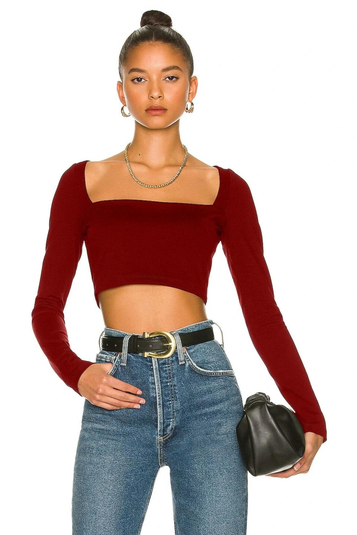 Kadın Uzun Kollu Kare Yaka Çift Kat İpek Jarse Crop Top