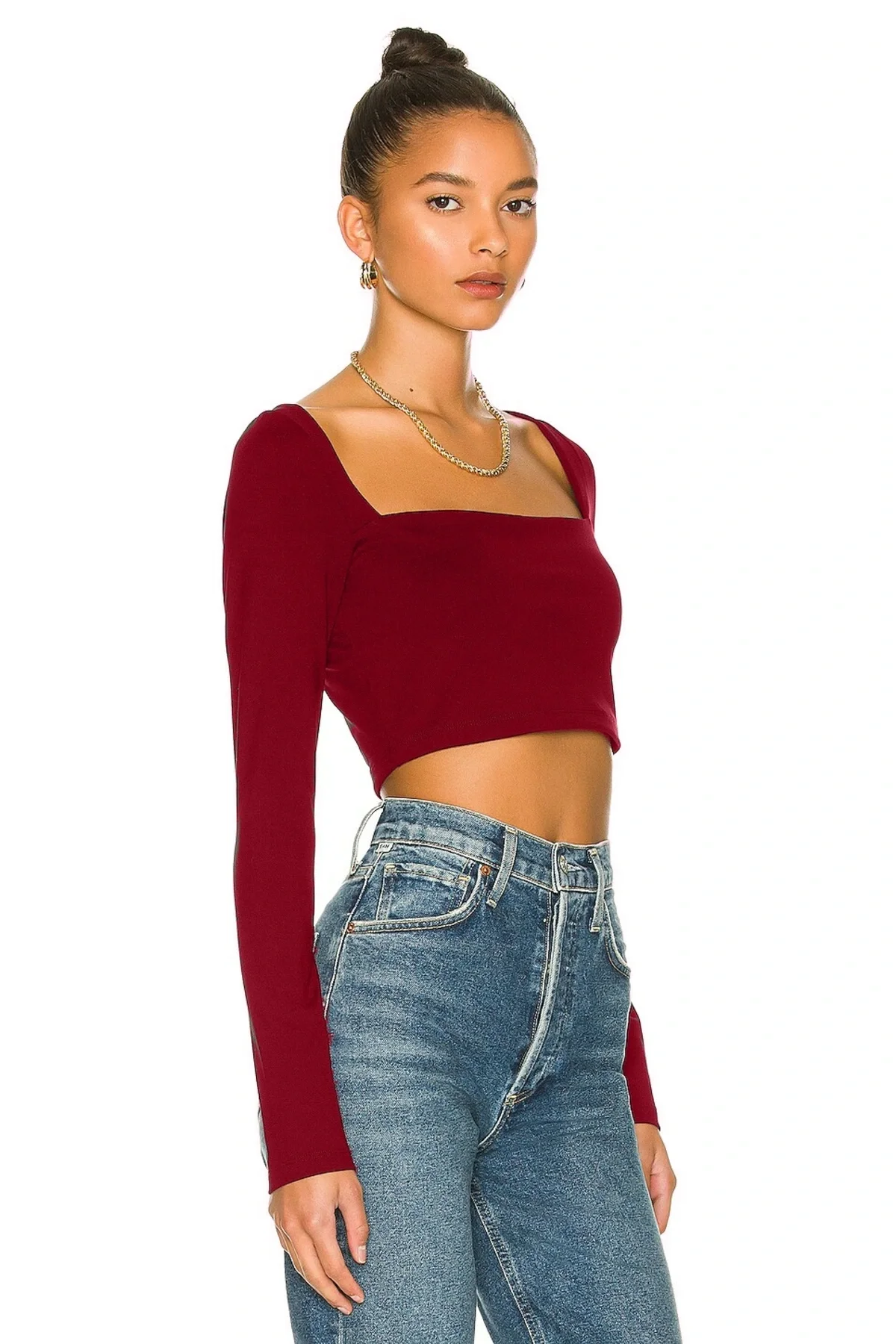 Kadın Uzun Kollu Kare Yaka Çift Kat İpek Jarse Crop Top