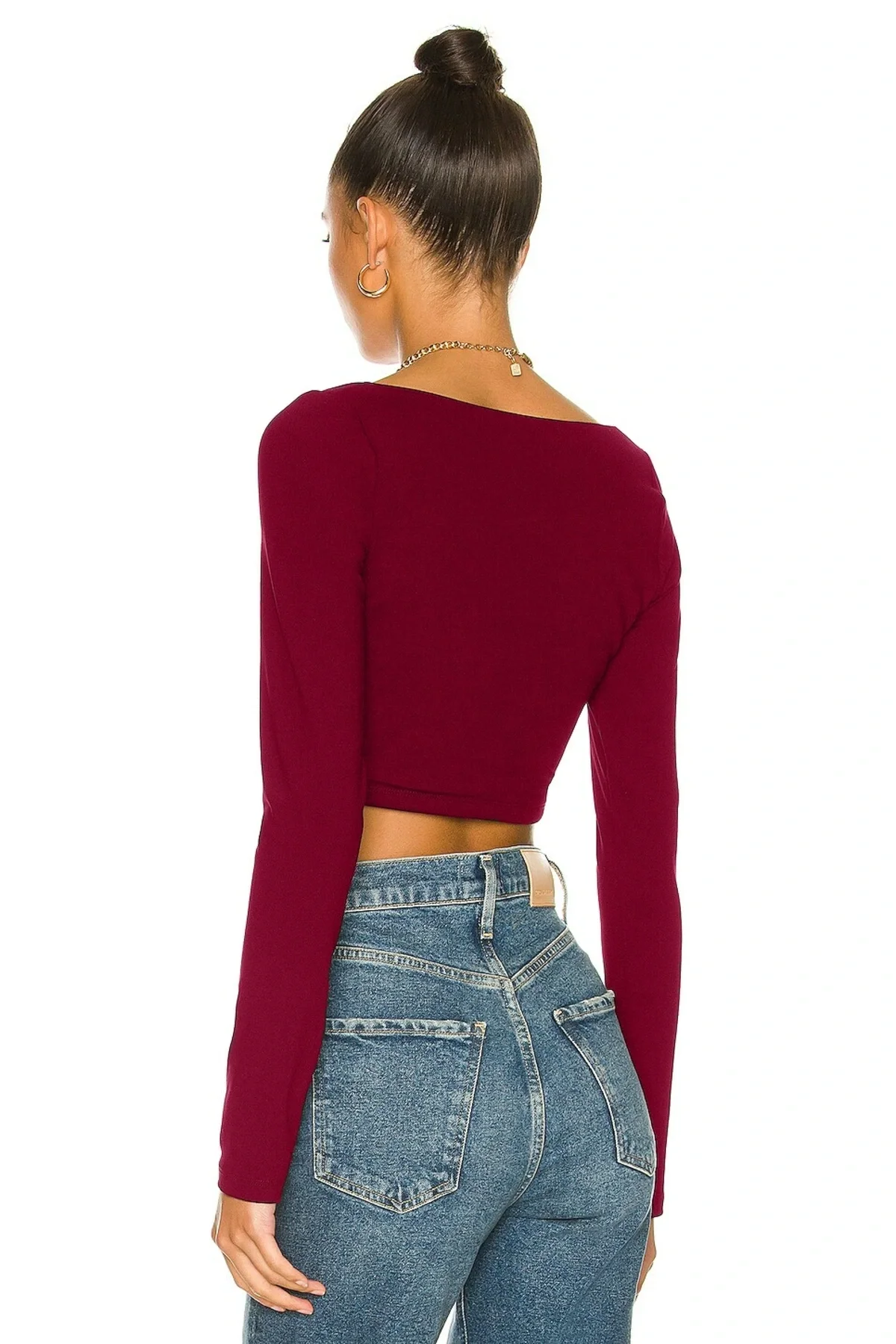 Kadın Uzun Kollu Kare Yaka Çift Kat İpek Jarse Crop Top