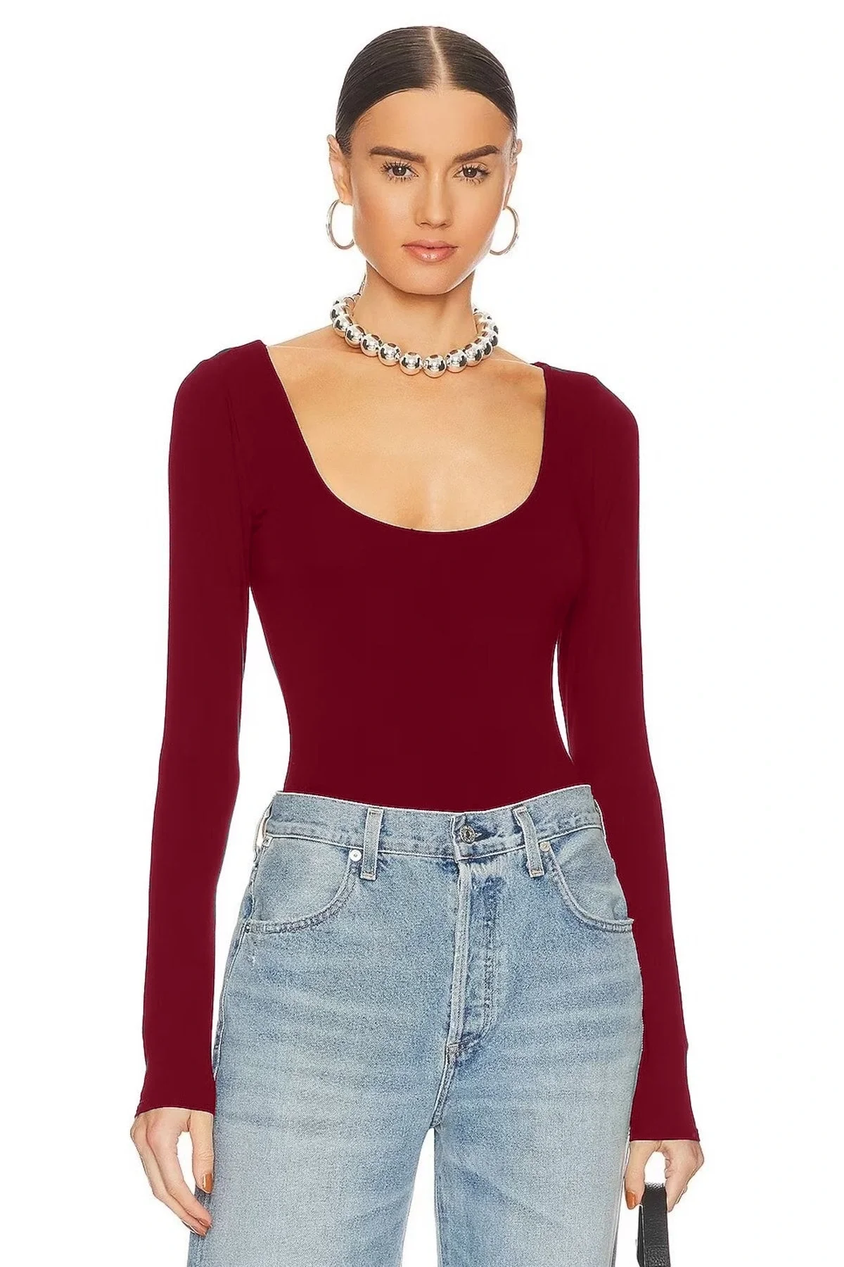 Kadın Bordo U Yaka Uzun Kollu Çift Katlı Tanga Kesim Sandy Kumaş Bodysuit