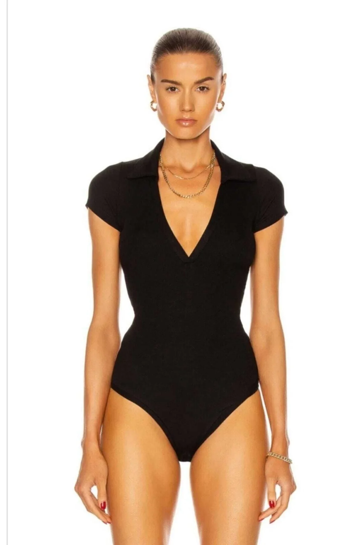 Kadın V Polo Yaka Kısa Kollu Ipek Jarse Bodysuit