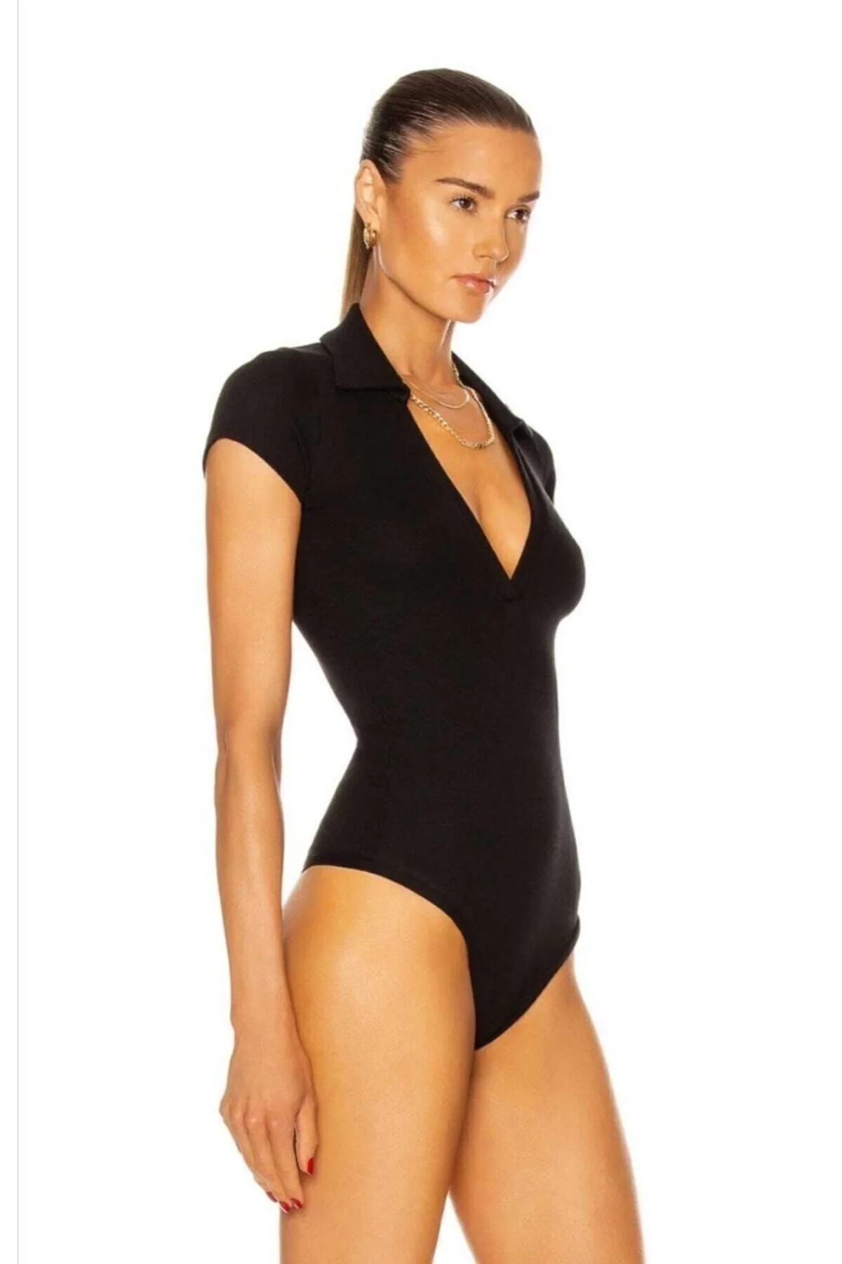 Kadın V Polo Yaka Kısa Kollu Ipek Jarse Bodysuit