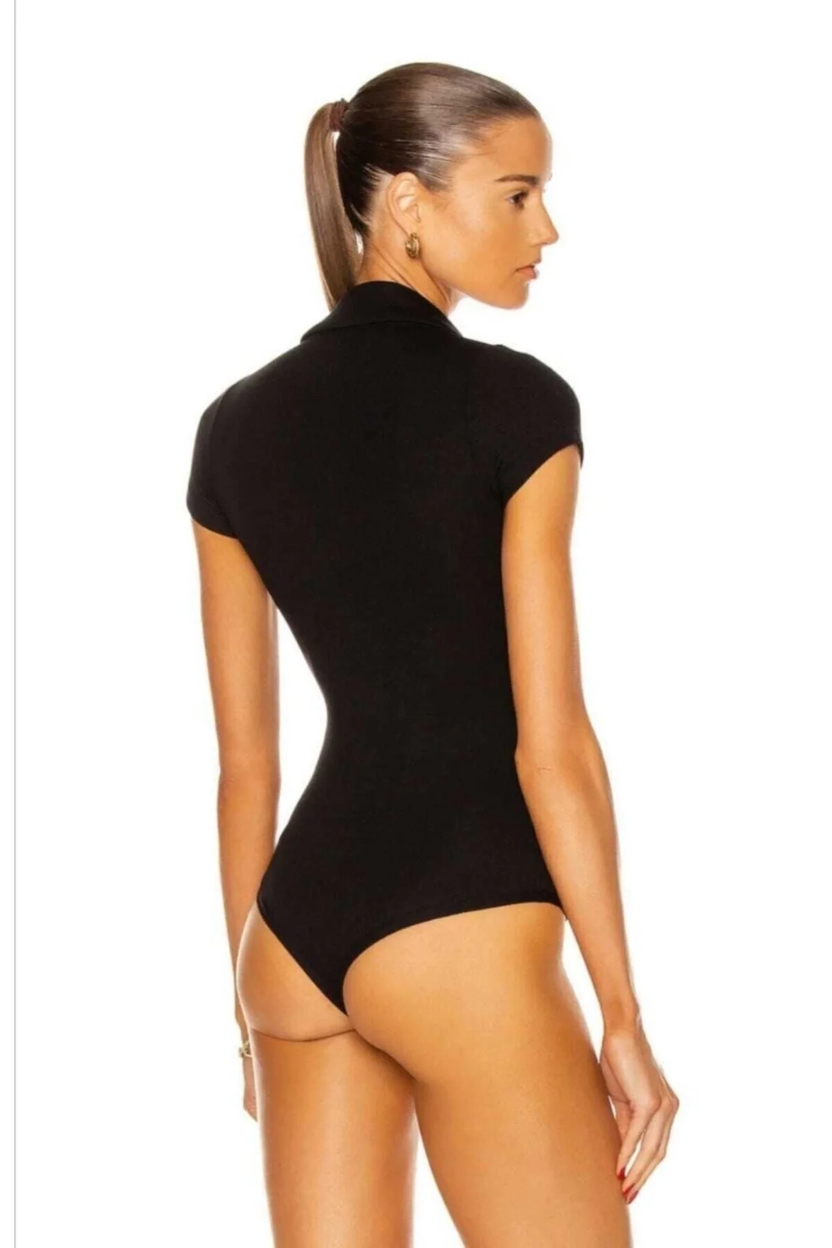 Kadın V Polo Yaka Kısa Kollu Ipek Jarse Bodysuit