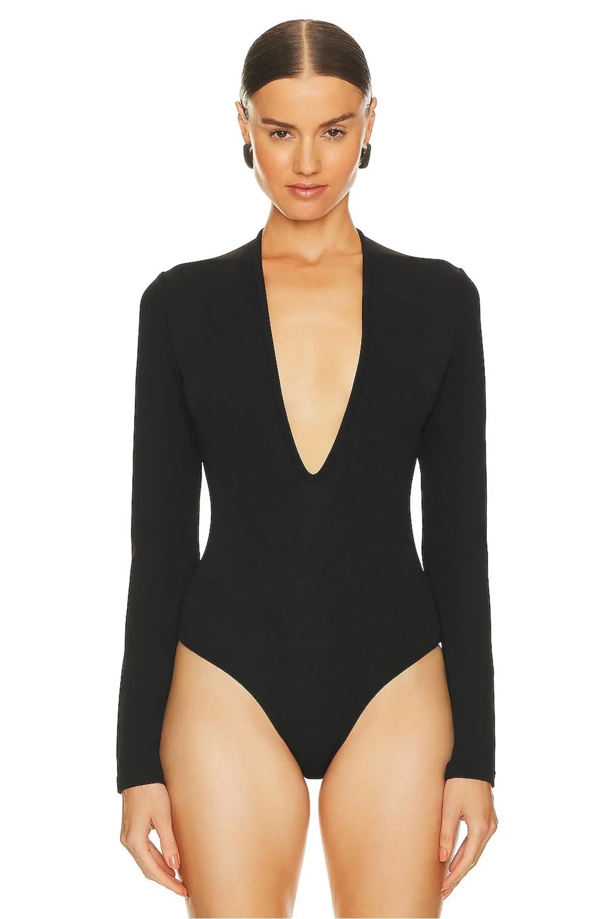 Kadın Siyah V Yaka Uzun Kollu Çift Katlı Sandy Kumaş Tanga Bodysuit