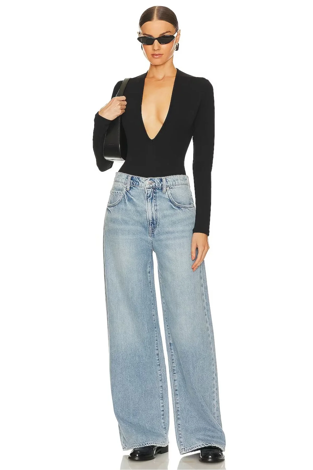 Kadın Siyah V Yaka Uzun Kollu Çift Katlı Sandy Kumaş Tanga Bodysuit