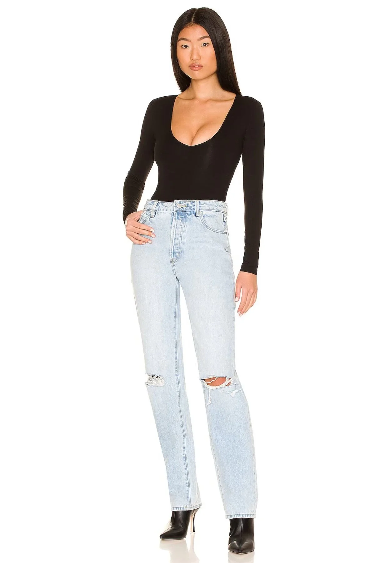 Kadın Siyah V Yaka Uzun Kollu Çift Katlı Sandy Kumaş Tanga Bodysuit