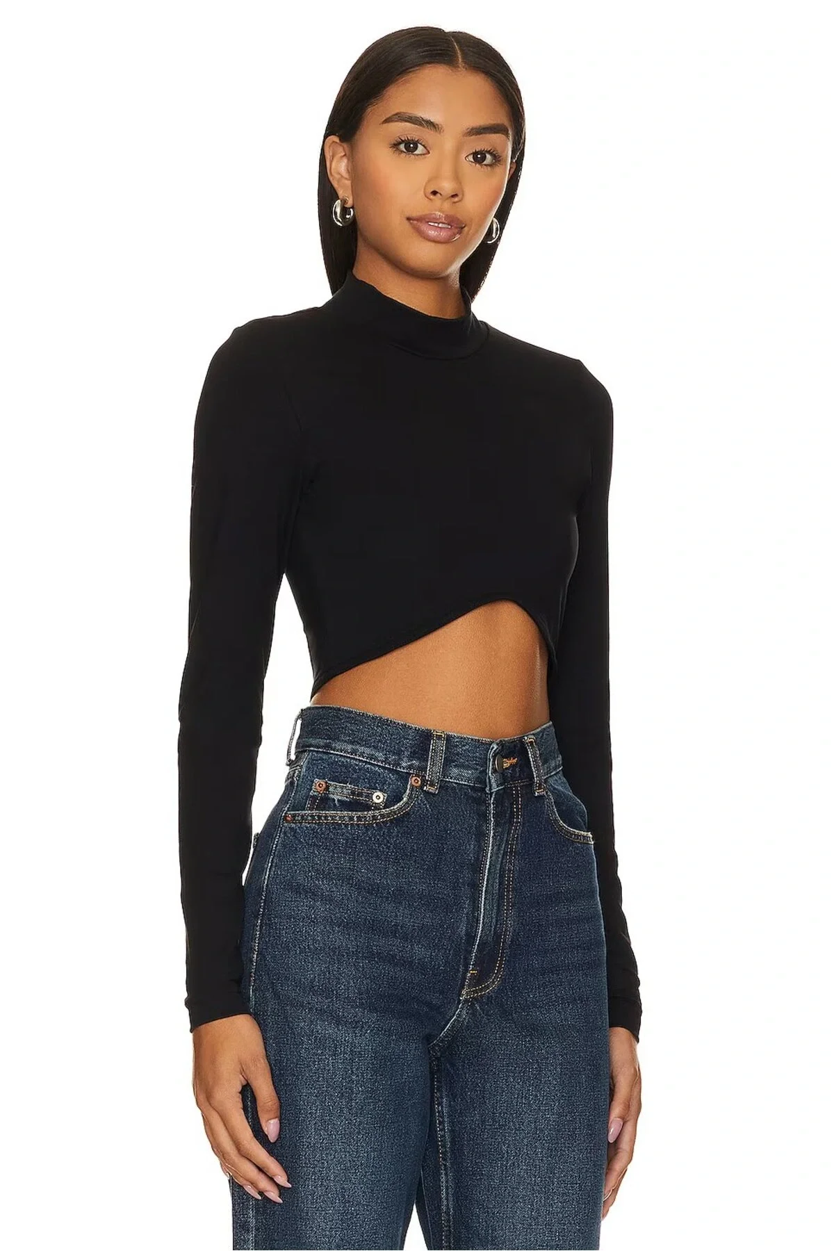 Kadın Siyah Balıkçı Yaka Uzun Kollu Asimetrik Kesim Sandy Crop Bluz