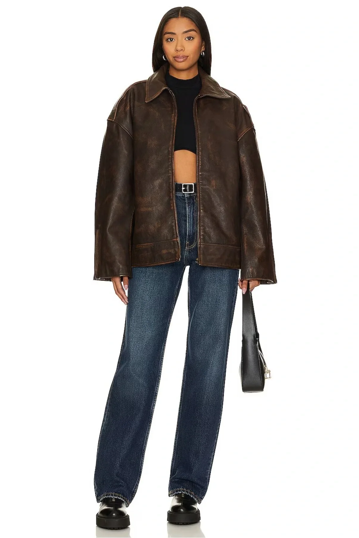 Kadın Siyah Balıkçı Yaka Uzun Kollu Asimetrik Kesim Sandy Crop Bluz