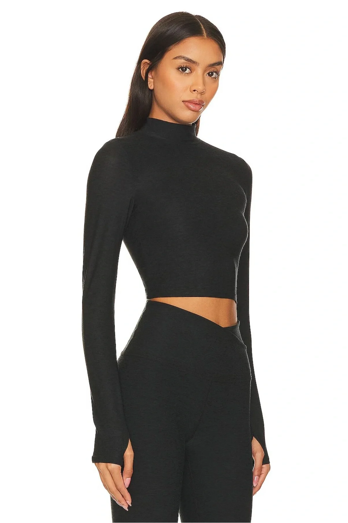 Kadın Antrasit Balıkçı Yaka Parmak Geçmeli Uzun Kollu Çift Katlı Crop Bluz