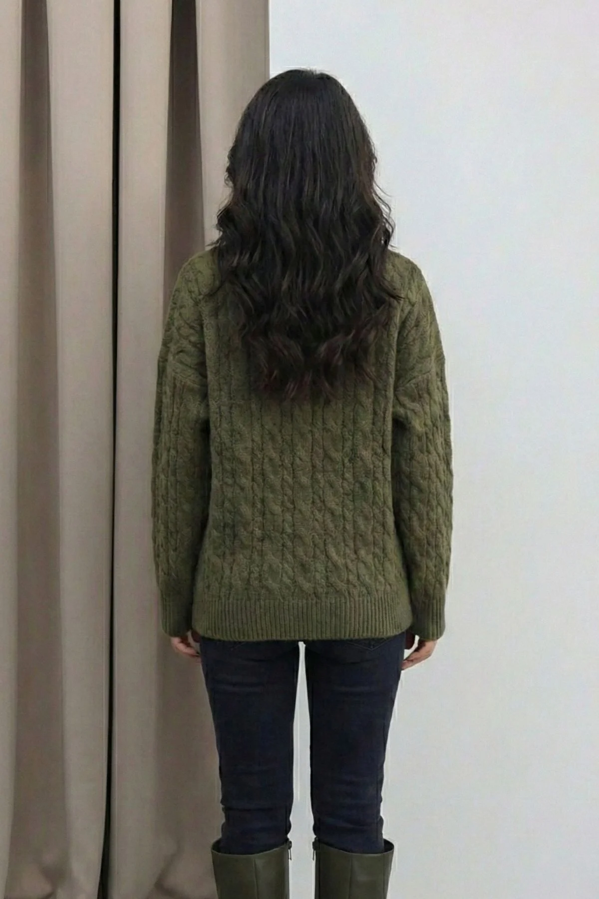 Kadın Yeşil Fermuarlı Saç Örgü Desenli Oversize Triko Kazak