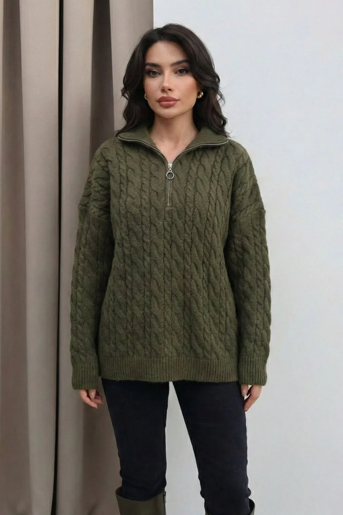 Kadın Yeşil Fermuarlı Saç Örgü Desenli Oversize Triko Kazak